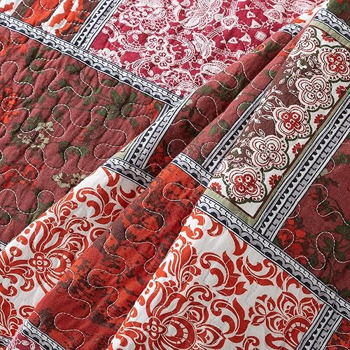 Miniatura 8 de NEWLAKE - Juego de colchas de algodón, juego de cubiertas de retazos, reversible, patrón azul clásico bohemio, tamaño king