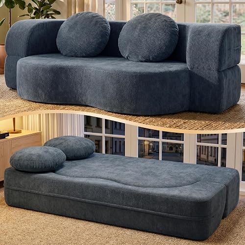 Shintenchi 78" Convertible Sofa Bed, 2-in-1 Full Size Sleeper Boneless Futon Sofa, Loveseat Floor Couch Memory Foam, Foldable Guest Bed with 2 Pillows for Living Room Bedroom, No Assembly, Blue