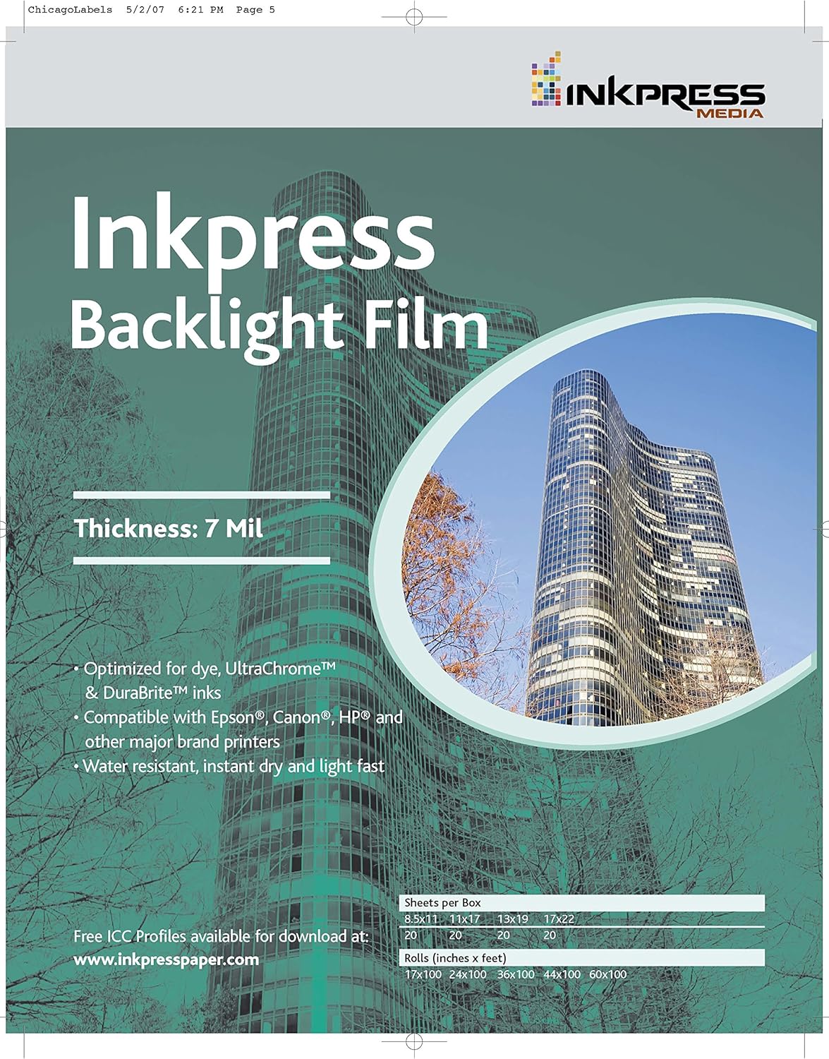 Inkpress Media Backlight Film, 7 Mil Paper