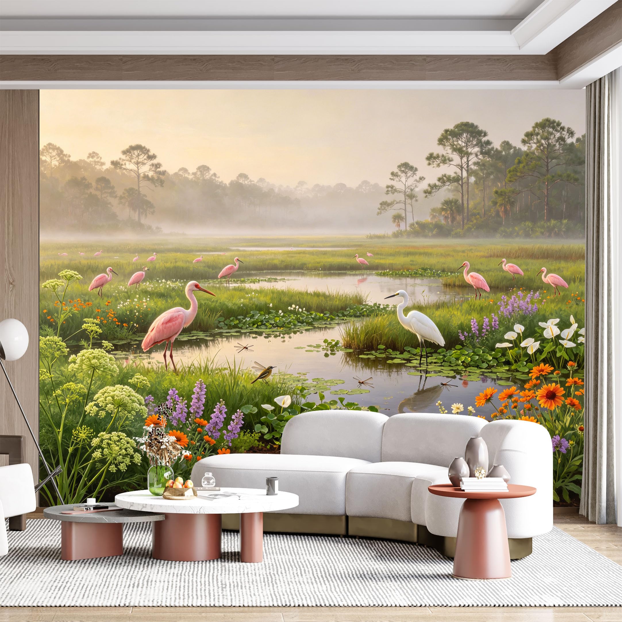 Custom Size Wall Mural Wetland Pink Birds Crane and Heron Floral Landscape Watercolor SelfAdhesive Wall Fabric Removable for Home Office Decor
