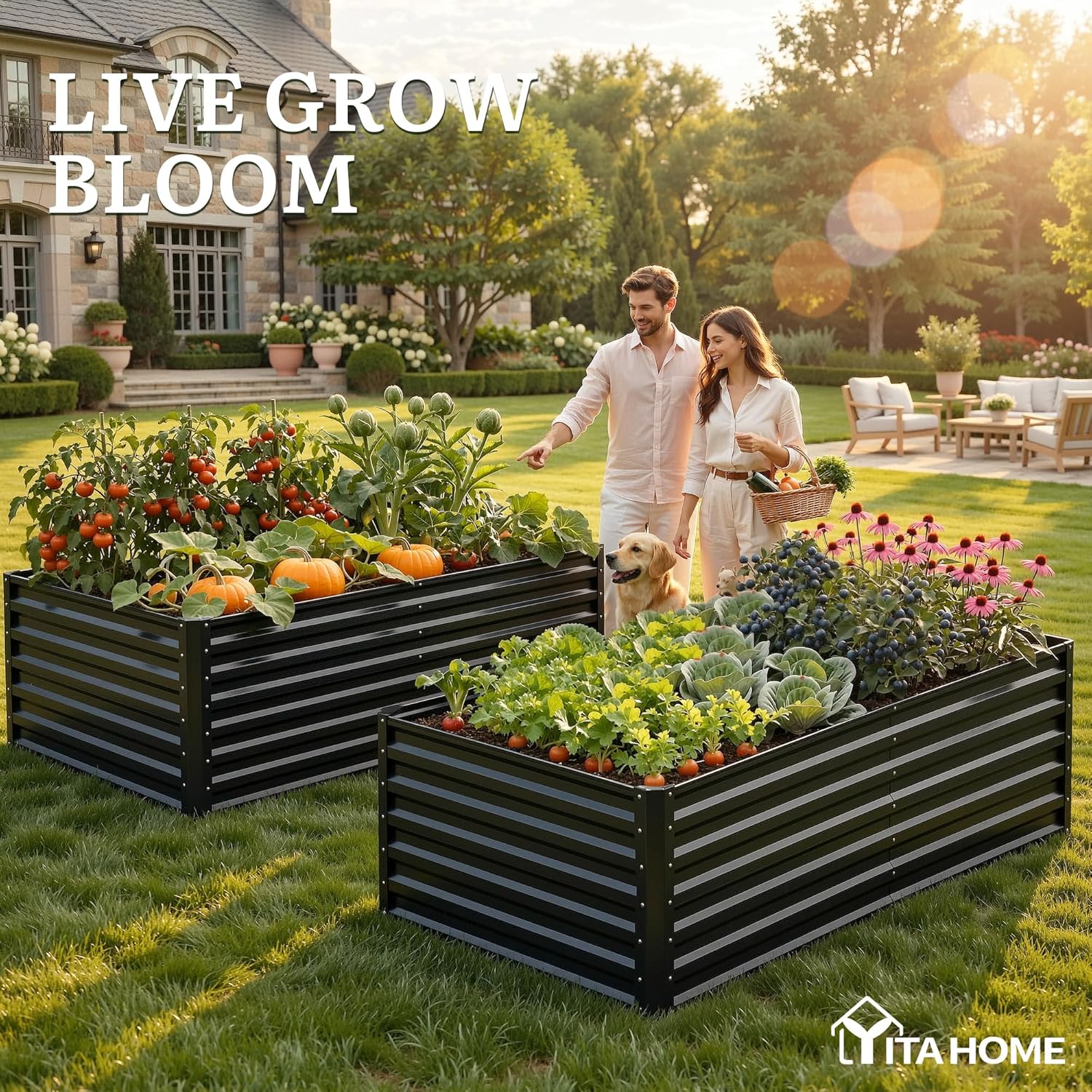 YITAHOME 6x3x2ft Large Raised Garden Bed Kit, Galvanized Metal Planter Box with Gloves, Support Rod, Outdoor Above Ground Planters for Plants, Vegetables, Flowers, Black