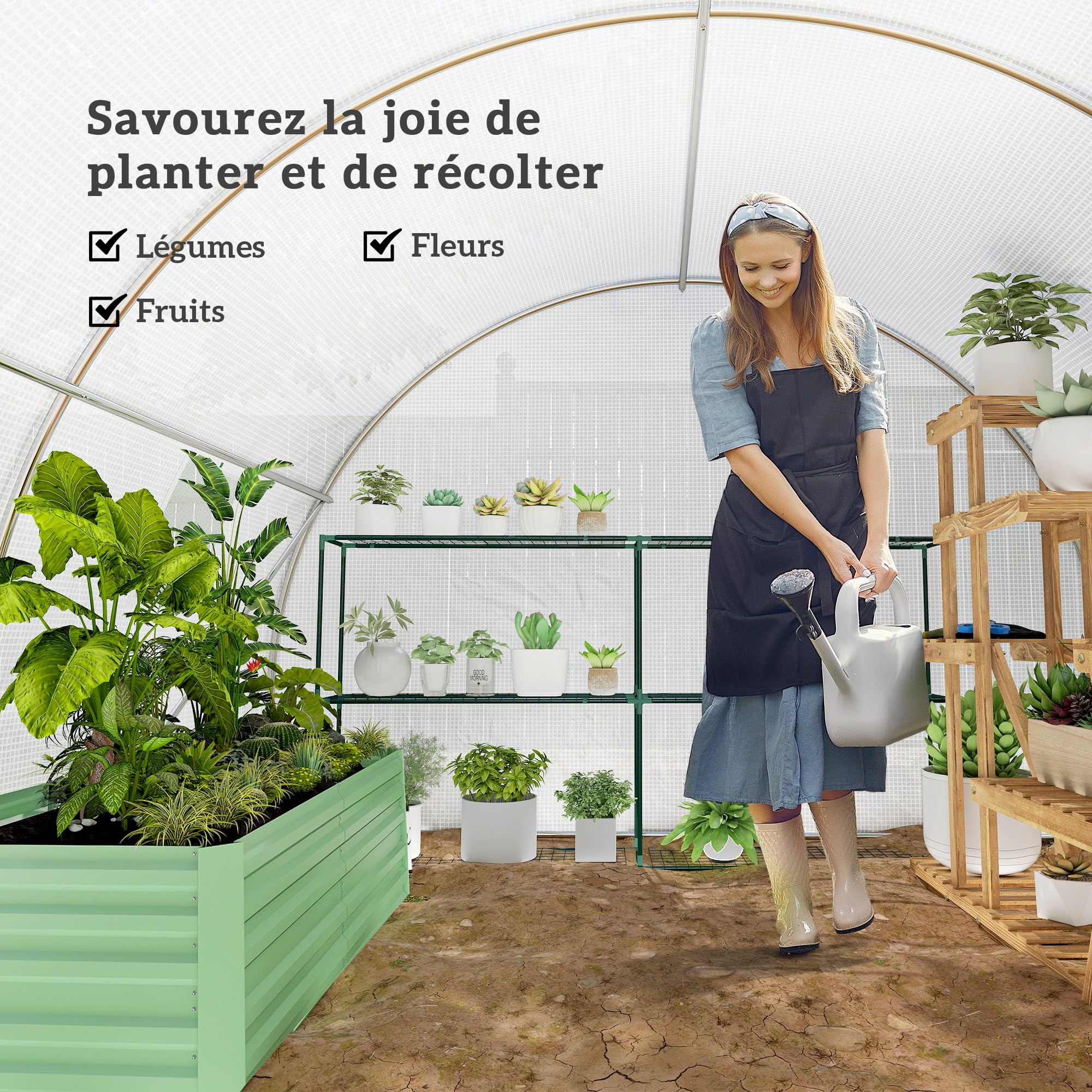 Outsunny Serre de Jardin Tunnel 9 m² 3L x 3l x 2H m - 4 fenêtres, Porte zippée Enroulable - châssis Tubulaire Acier galvanisé, bâche PE Haute densité Blanc