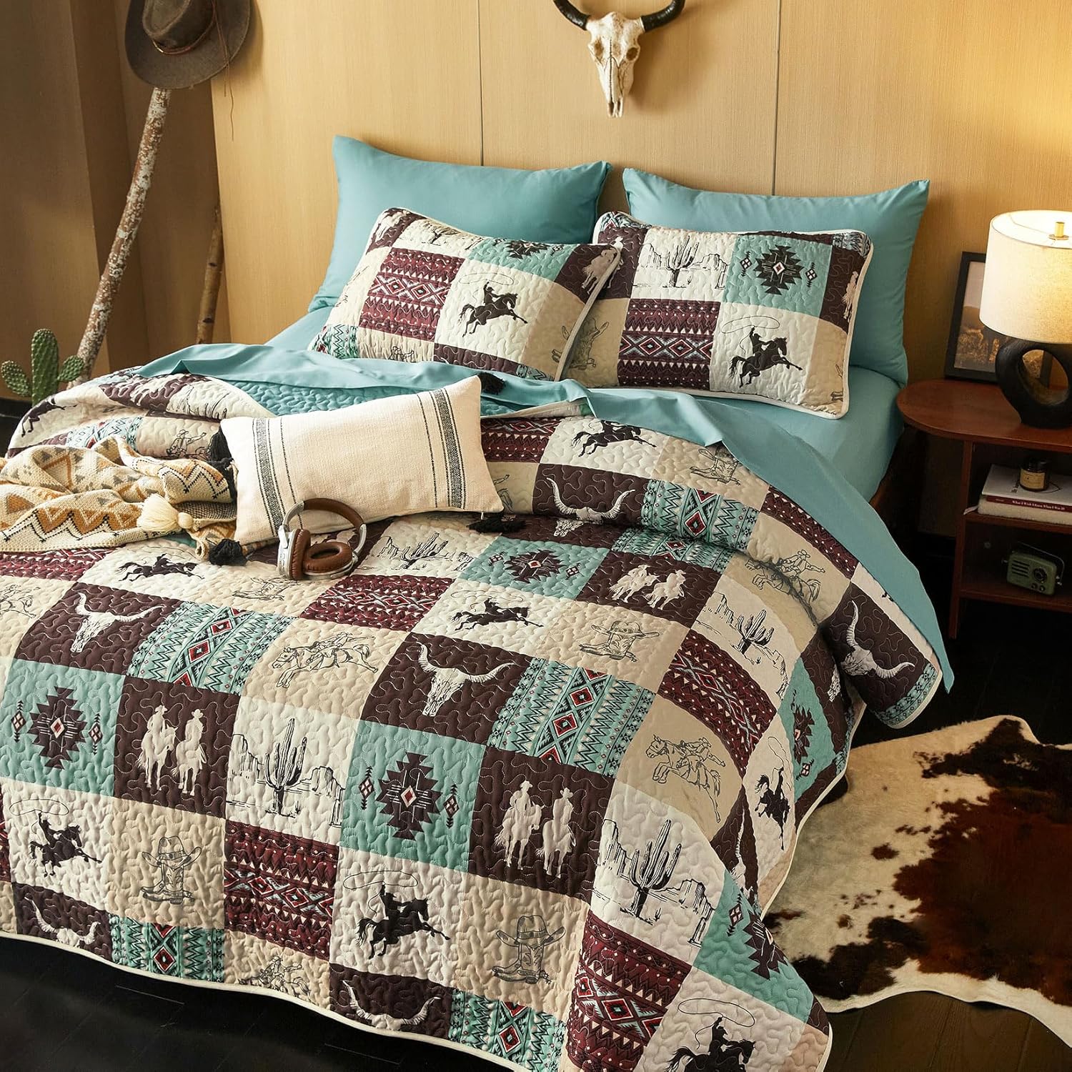 Wake In Cloud - Western Quilt Set, Southwestern Aztec Country Horse Cowboy Rustic Ranch Pattern Printed, Reversible Lightweight Bedspread Coverlet, 3 Pieces, Turquoise Taupe, King Size - Image 3