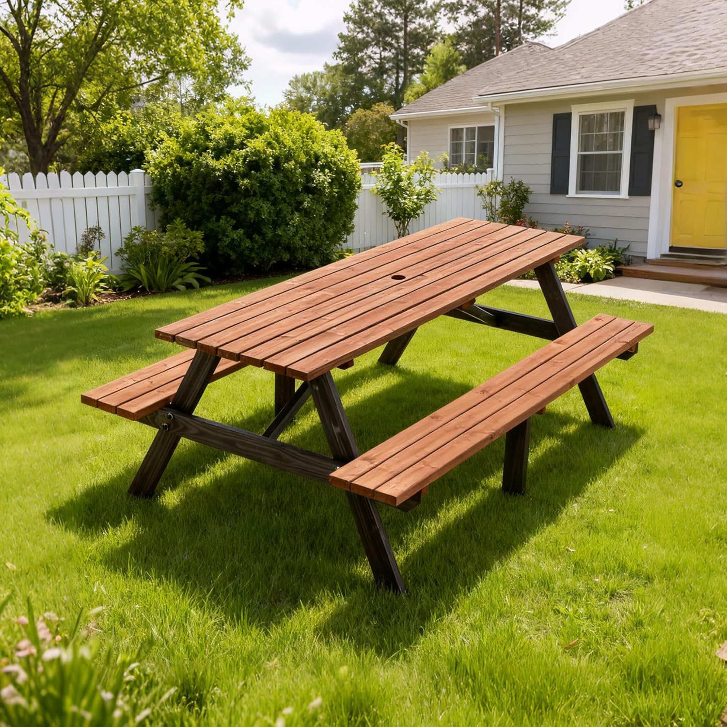Hohuqeri Wood Picnic Table, 75” Tabletop with Umbrella Hole, 8 Person Outdoor Wooden Picnic Table Bench Set for Patio, BBQ, Dining