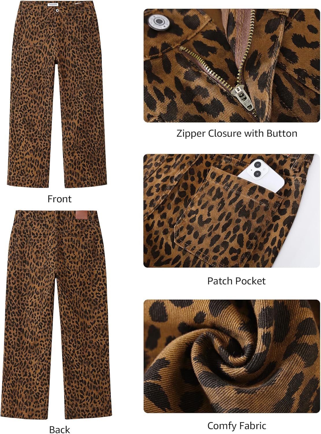luvamia Wide Leg Jeans for Women High Waisted Leopard Cheetah Print Stretch Cropped Denim Pants Patch Pocket Flare Jeans - Image 4