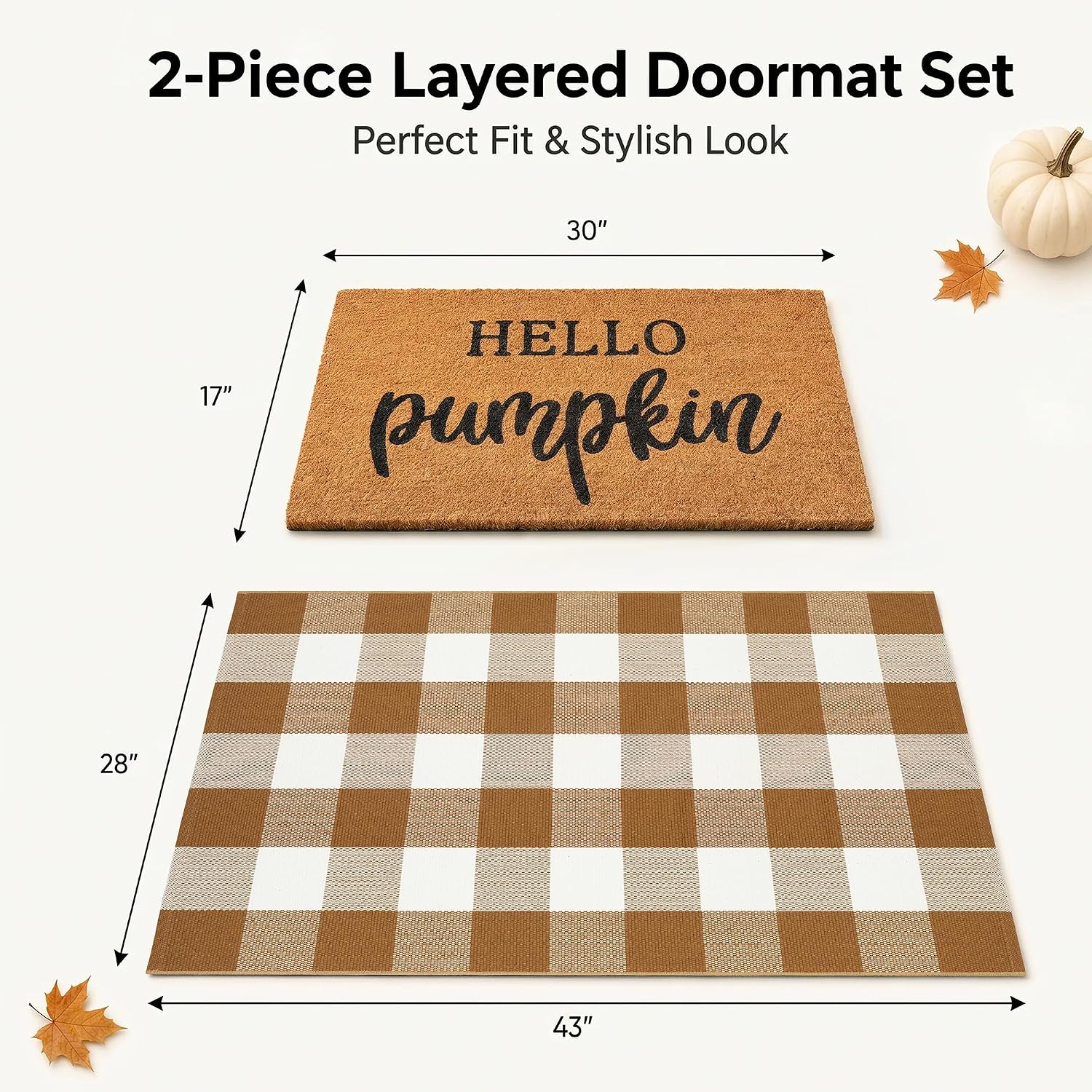 Fall Decor Door Mat Combo Set, 100% Coco Coir Welcome Mat + 28 x 43 Inches Coffee and White Plaid Rug - Fall Thanksgiving Front Porch Entryway Floor Doormat, Indoor Outdoors Autumn Mats Hello Pumpkin thumbnail