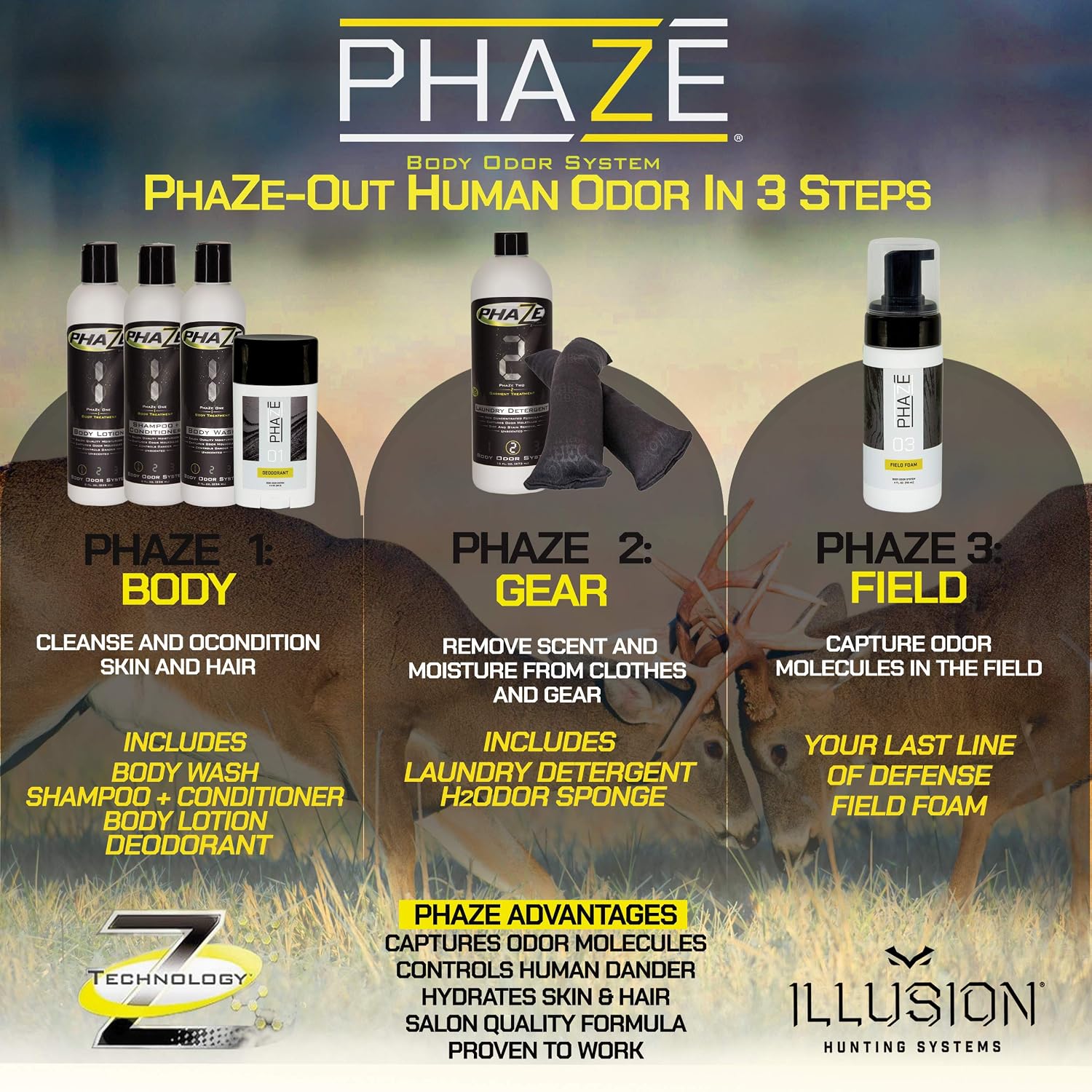 Illusion Systems - PhaZe 1 Deodorant Stick - Hunting Accessories - Effective Scent Control and Odor Eliminator - Long Lasting Protection - Unscented 2.3 oz