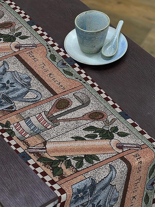 PRAKARTIK BY INDUARTS 100% Cotton Bless This Kitchen Rectangular Dining Table Runner. Blue (Set of 1 + 180 cm Runner)