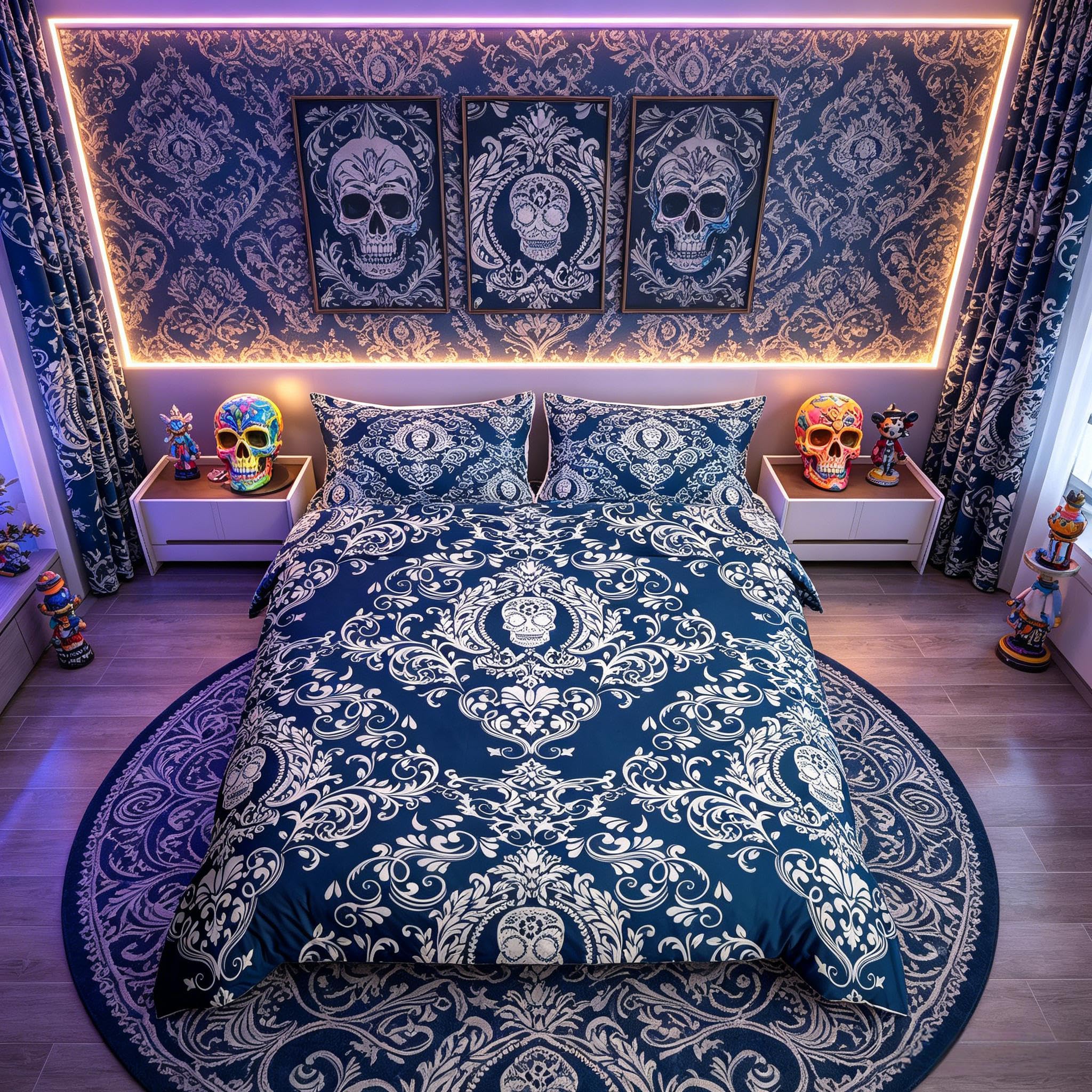 Loussiesd Adults Blue Vintage Damask Floral Bedding Set Oriental Antique Comforter Cover Set King Size Gothic Bohemia Boho Duvet Cover Exotic Sugar Skull Bedspread Cover 3Pcs โ image 1