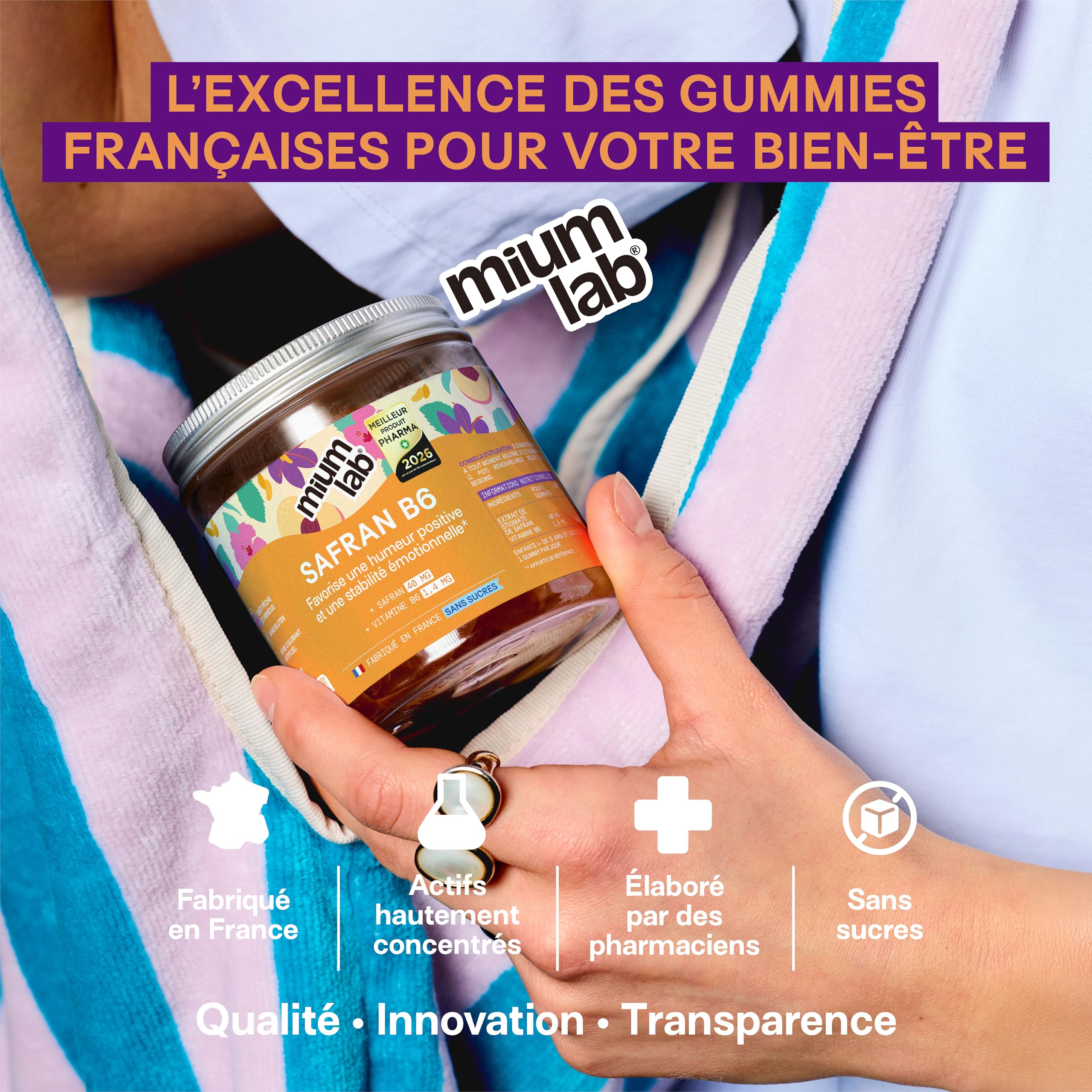Mium Lab - Gummies Safran Hautement dosé (40mg) et Vitamineamine B6 sans sucres - Enfants et Adultes - Formule exclusive - Programme 3 à 6 semaines - Saveur Pêche - Fabriqué en France
