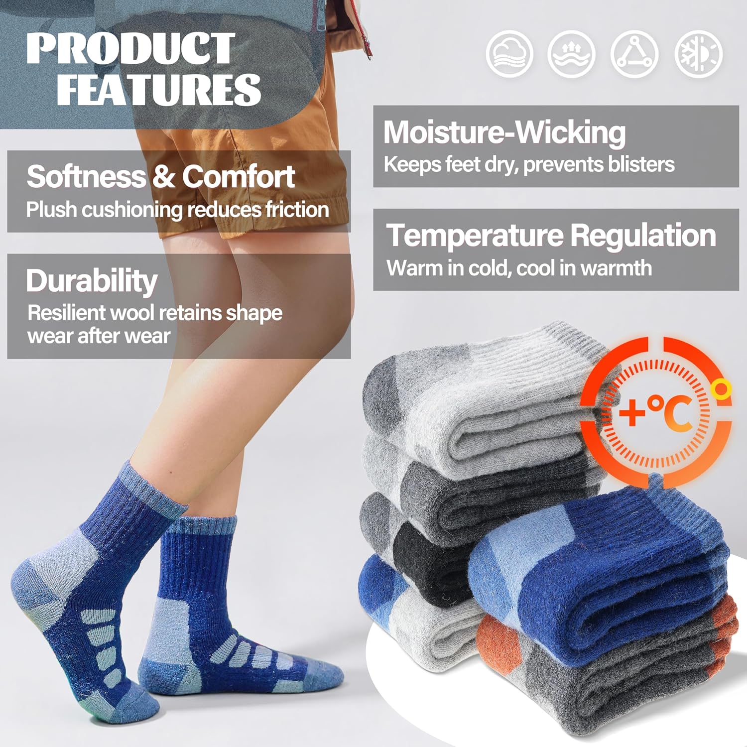 Anlisim Kids Merino Wool Hiking Socks for Boys Girls Toddlers, 6 Pairs image 4