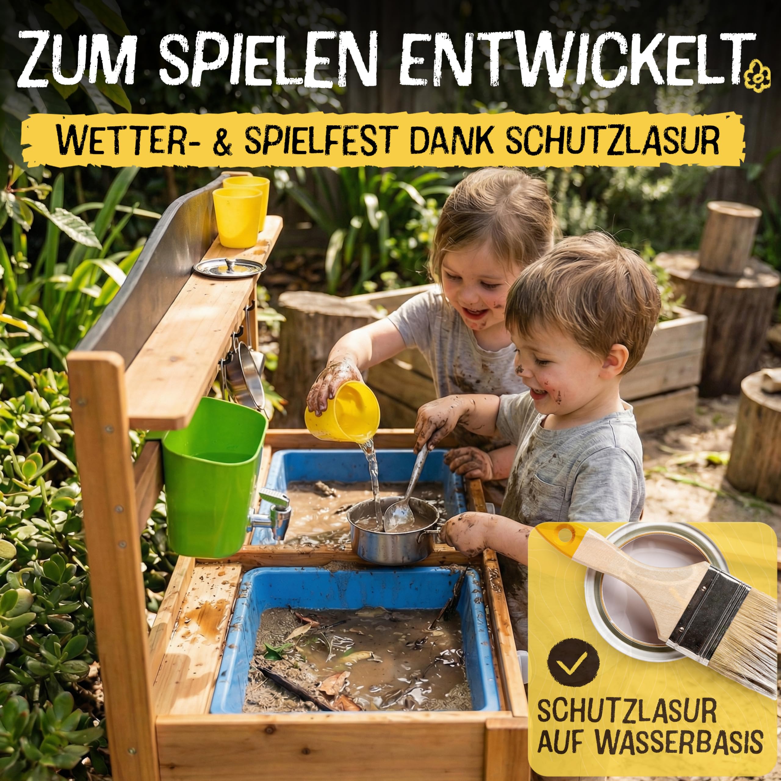 FRIEDO Matschküche Kinder Outdoor mit Schutzlasur I Inkl. Ofen und Zubehör wie 1,2 L Wasserspender, Töpfen etc. I Lasierte Gartenküche wettersicher I Sommer Kinderküche für den Garten I Mud Kitchen