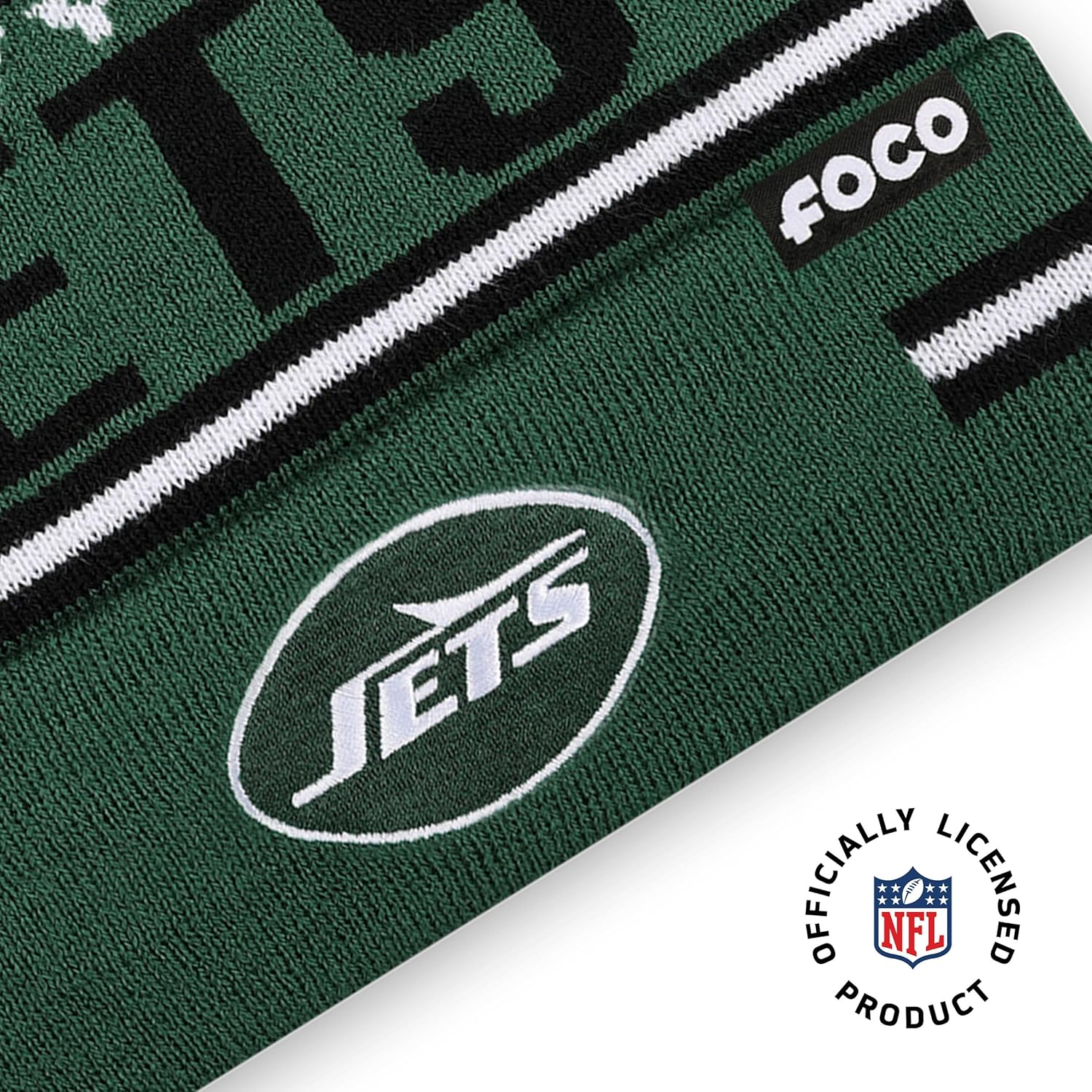FOCO NFL Team Logo Big Wordmark Stripe Pom Beanie Hat - Image 3