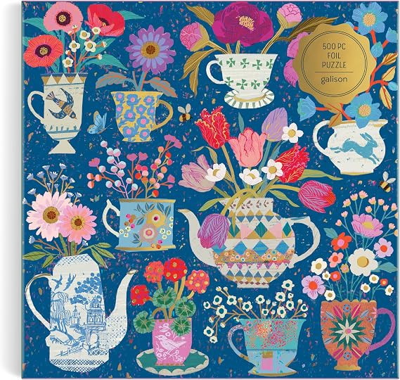Galison Potted Teacups 500 Piece Foil Jigsaw Puzzle Featuring Beautiful Artwork of Potted Teacups with Floral Background