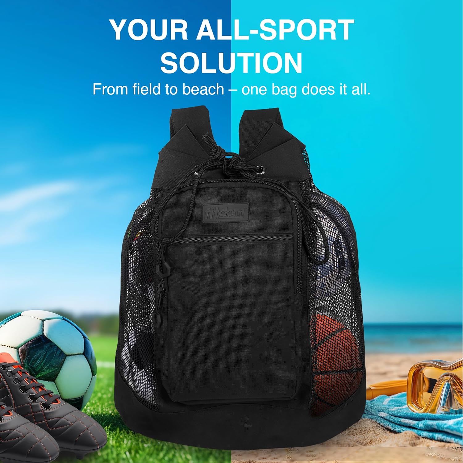 Fitdom Heavy Duty Small Mesh Equipment Ball Bag w/Adjustable Backpack Shoulder Strap Design for Coach. 2 Different Size Compartments. Perfect for Soccer Football Volleyball Basketball & Water Sports - Image 3