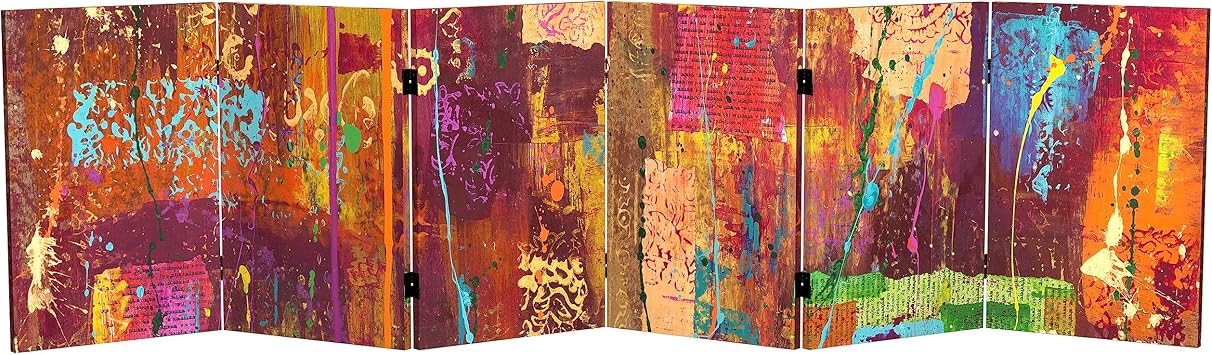 Red Lantern 2 ft. Short Double Sided India Canvas Folding Screen 6 Panel Freestanding Partition, and Separator for Modern and Contemporary Bedroom, Home Office, Studio, Dorm, Apartment
