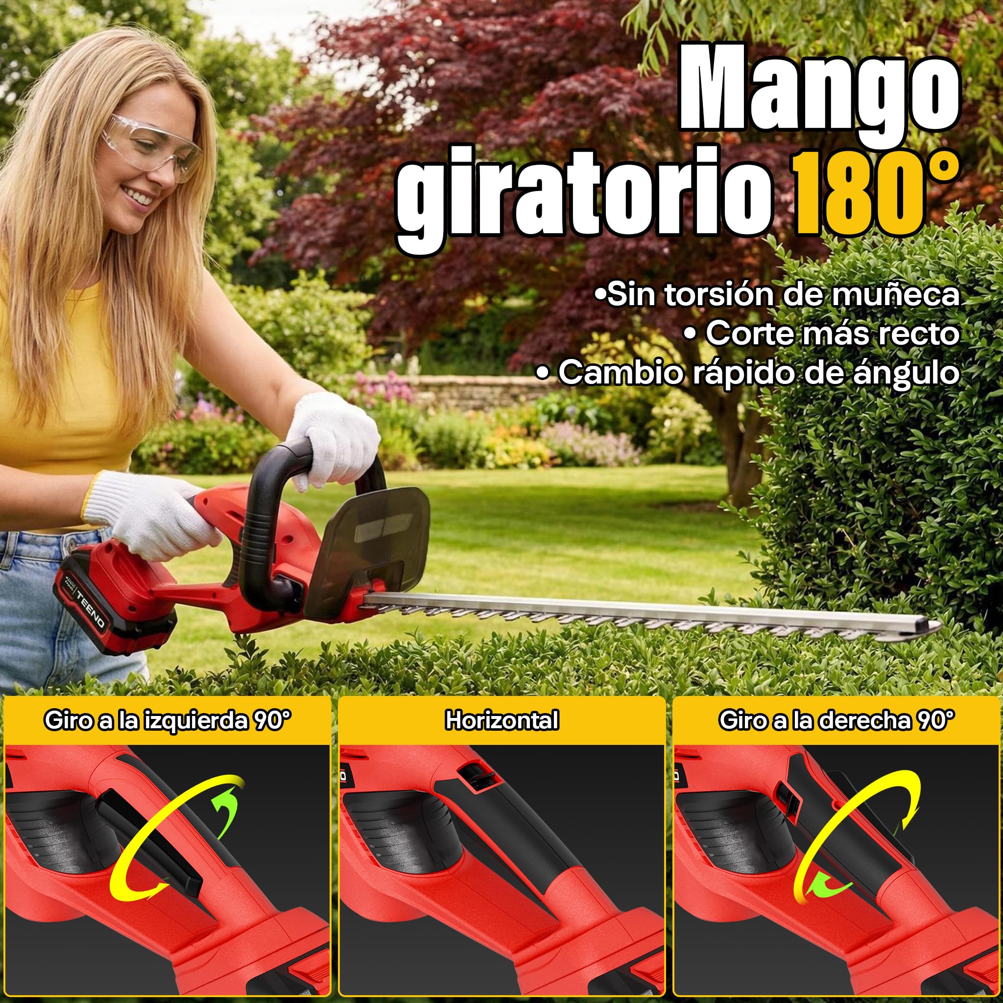 TEENO Cortasetos batería 20 V, Cortasetos eléctrico para setos y arbustos, con 1 batería 4000 mAh, Hoja de 52 cm, Corte 16 mm, Mango Giratorio 180°,para jardín doméstico