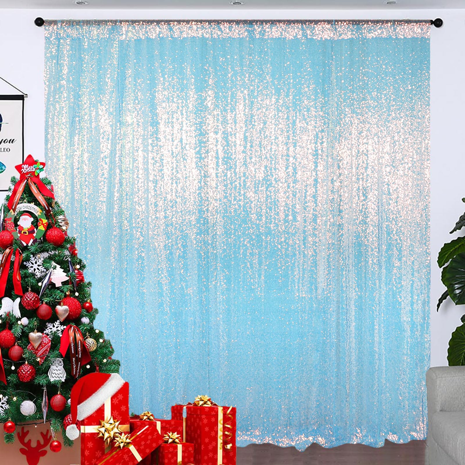 Partisout Aqua Iridescent Sequin Backdrop Curtain 4Ftx7Ft | Shimmering Wedding & Party Photo Background | Elegant
