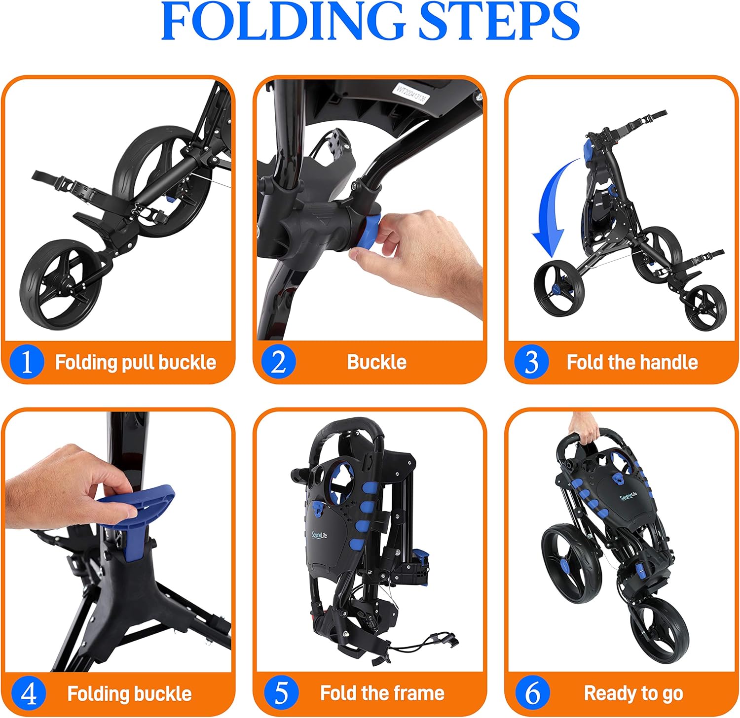 Limited Stock 3 Wheel Golf Push Cart - Lightweight Folding Golf Walking Push Cart Roller Golf Bag Holder w/ Upper/Lower Bracket w/ Elastic Strap, Scorecard, Cup, & Bag Storage Holder - SereneLife SLG3W