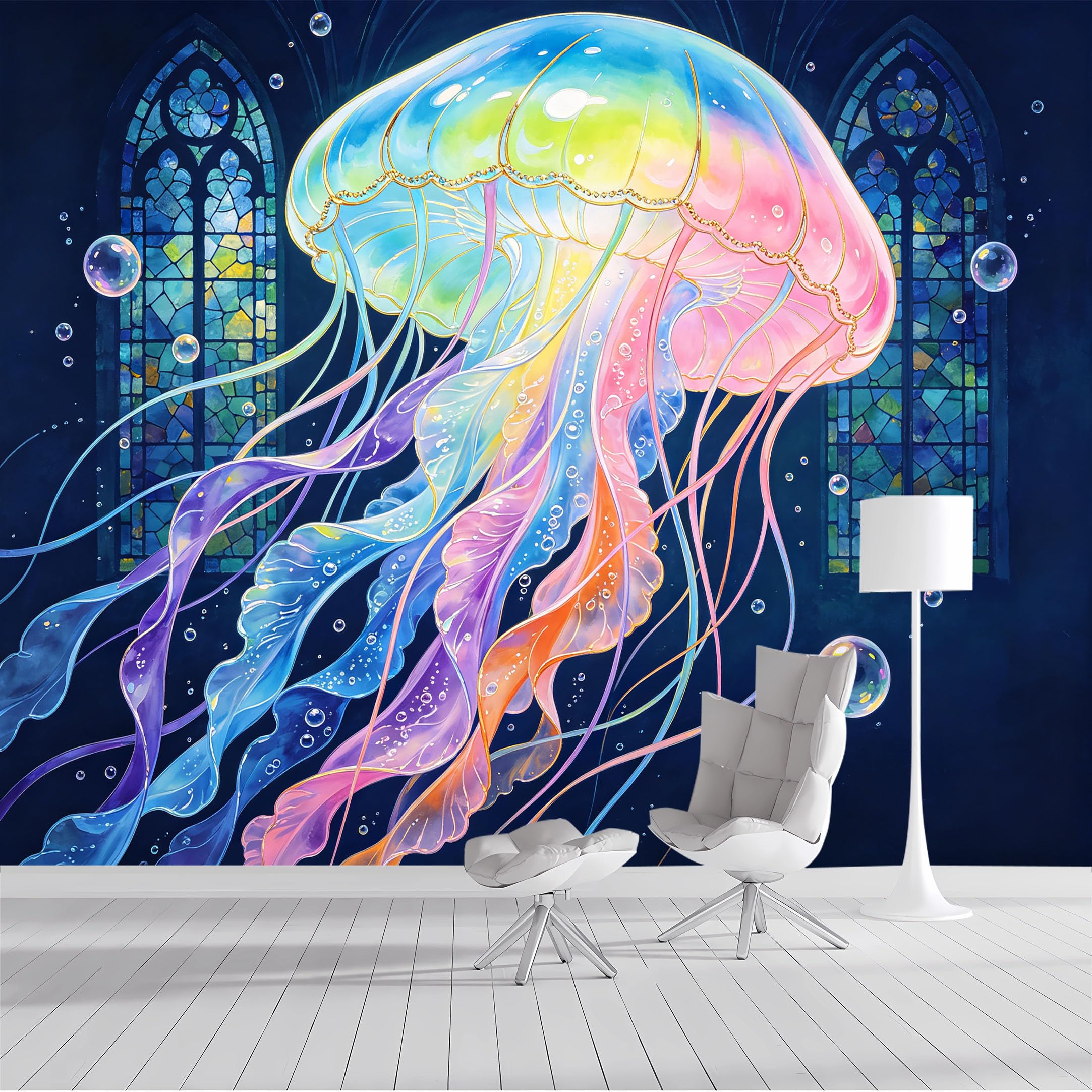 Yzpallescene Bh260711050 Custom Size Wall Mural Fantasy Jellyfish Stainedglass Selfadhesive Wall Fabric Removable Peel And Stick Wallpaper Wall Decor For Living Room Bedroom Bathroom