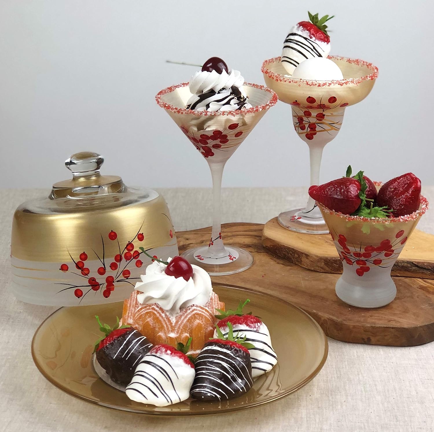 Hand Painted Margarita Glasses Set of 2 - Winter Berries 'n Branches Collection - Hand Painted Glassware by USA Artists - Unique and Decorative Margarita Glasses, Festive Holiday Glassware