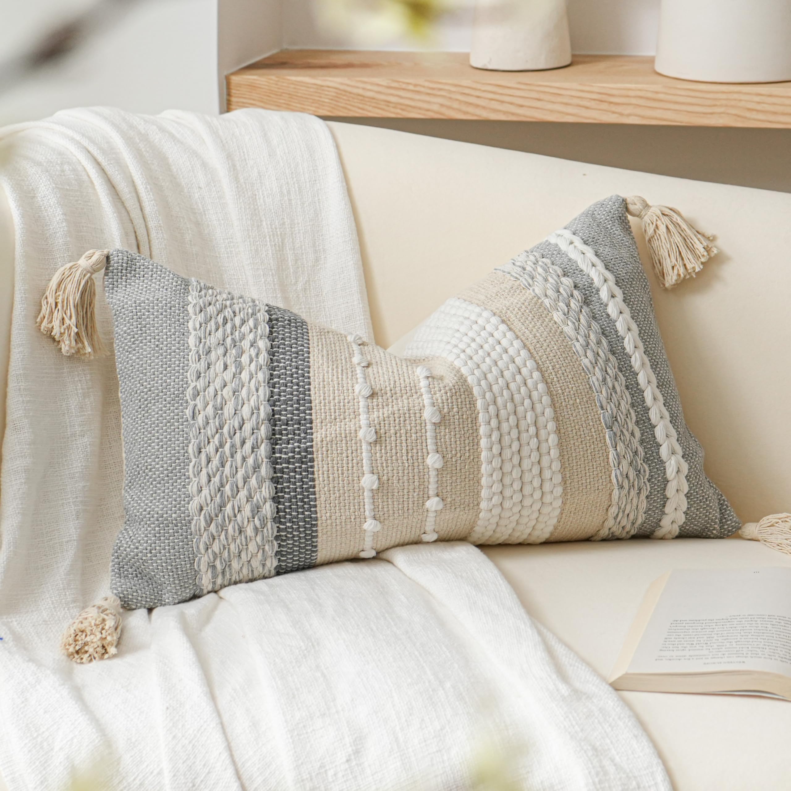 BlissBlush Decorative Lumbar Throw Pillow Cover 12x20 Boho Gray Accent Cushion for Couch Sofa Farmhouse Pillowcase for Bedroom Living Room Home Décor Cover ONLY — image 1