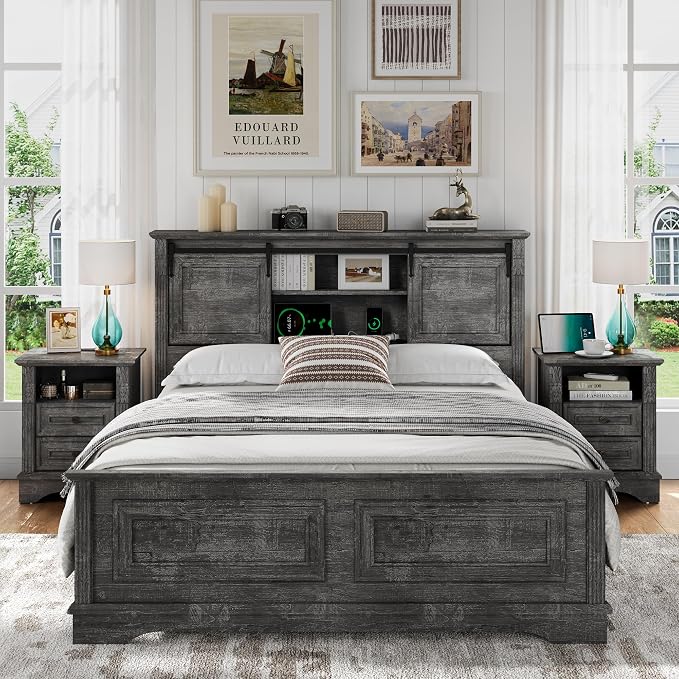 BLANKSPACE Queen Size Bed Frame with Storage Headboard, Charging Station, Bracket Footboard, Farmhouse Bed Frame with Wood Bookcase and Sliding Barn Doors, Noiseless,No Box Spring Needed (Grey)