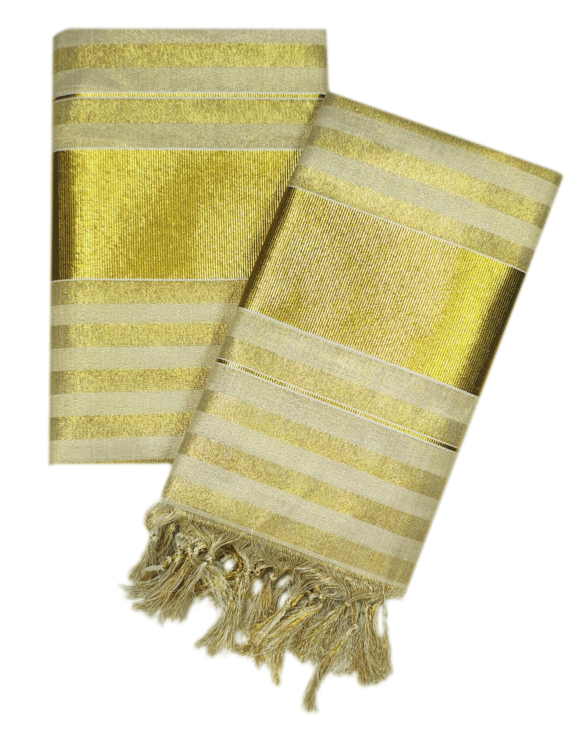 YETTALANWomen's Kerala Traditional Flora Tissue Kasavu Set Mundu With Tassels 2.00x2.80 Meters