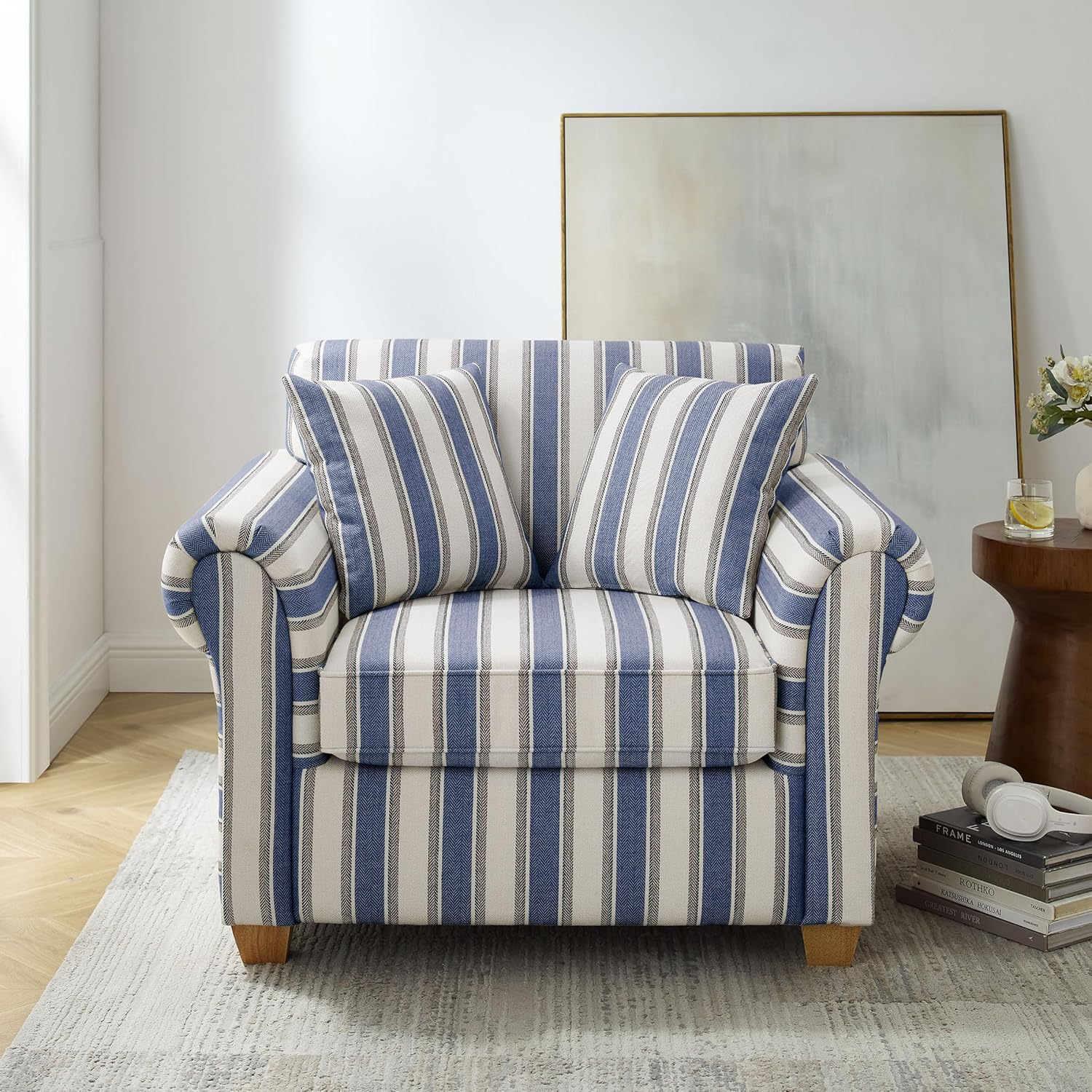 VANOMi 40" W Oversized Accent Chair, Oversized Reading Chair for Living Room, Comfy Reading Nook Chairs for Bedroom, Upholstered Large Chair Armchair Single Sofa for Small Space (Navy Stripe)
