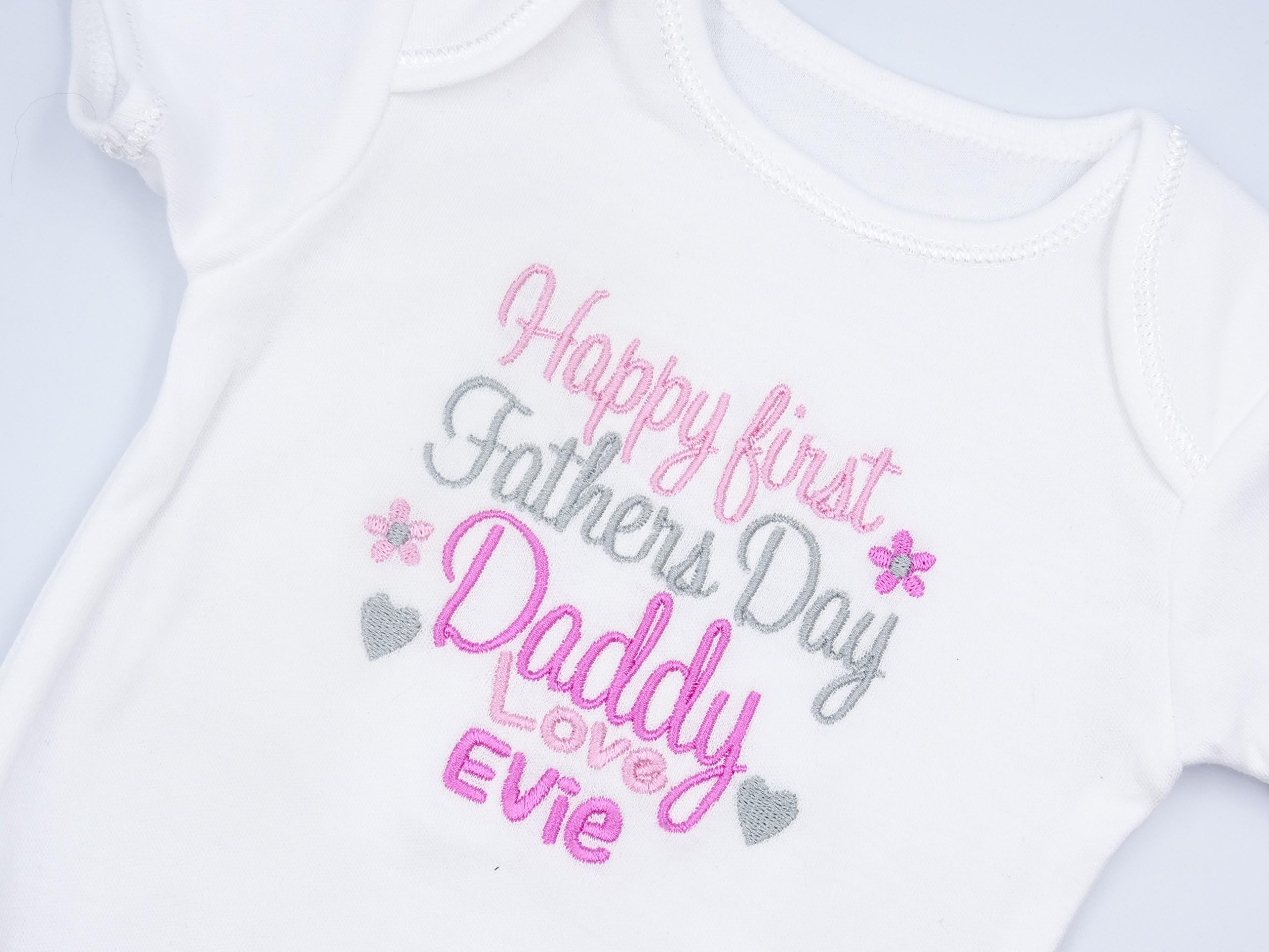Just Toys Online Personalised Embroidered Baby Girls Short Sleeved Bodysuit/Vest - Happy First Fathers Day Daddy Love **Name** - Girl's Novelty Unique Gift & Keepsake