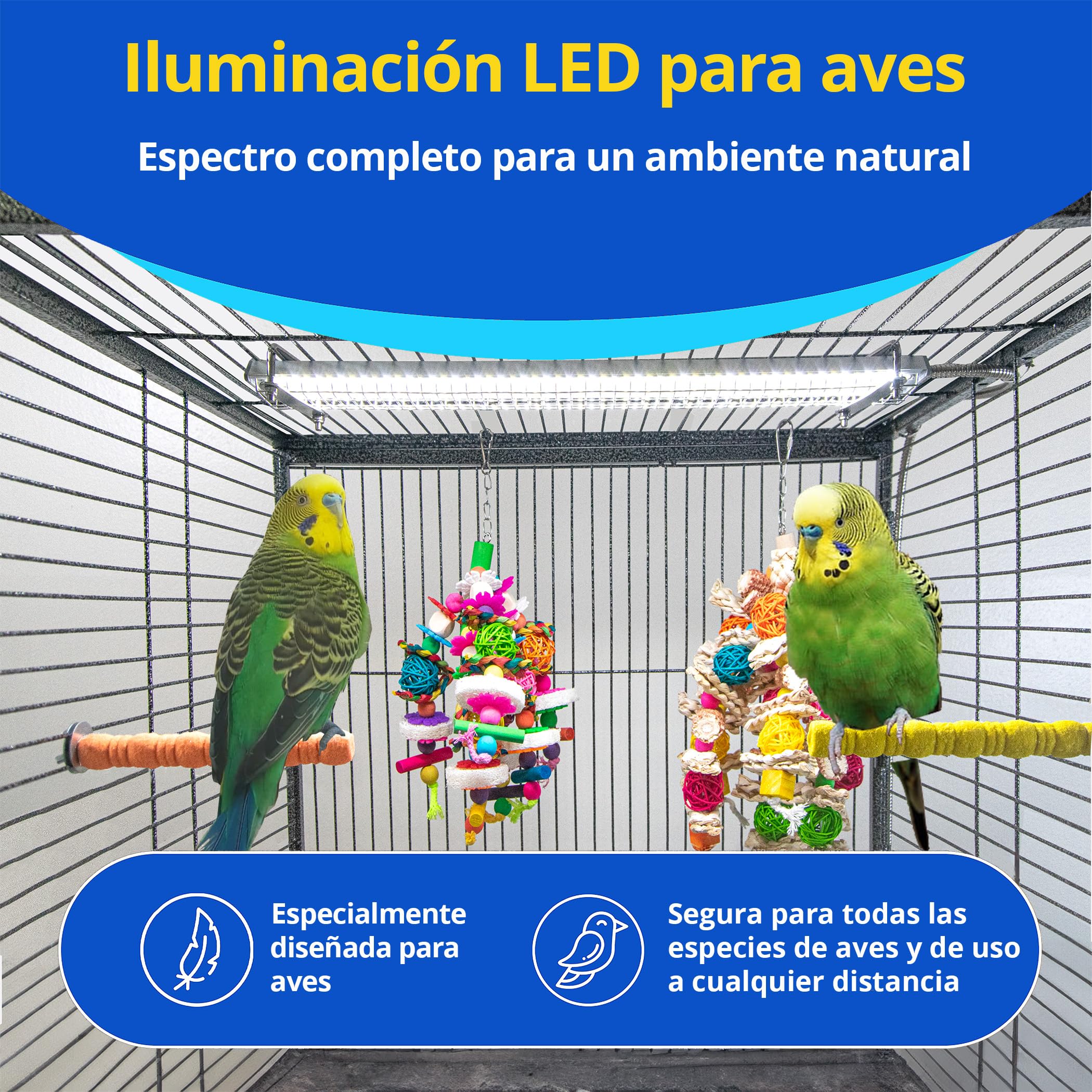 Lámpara para Jaula de Pájaros HappyBird con Protección Antimordedura – Iluminación LED de Espectro Completo – Simulación del Entorno Natural – Segura para aves con pico curvo – Fácil de instalar