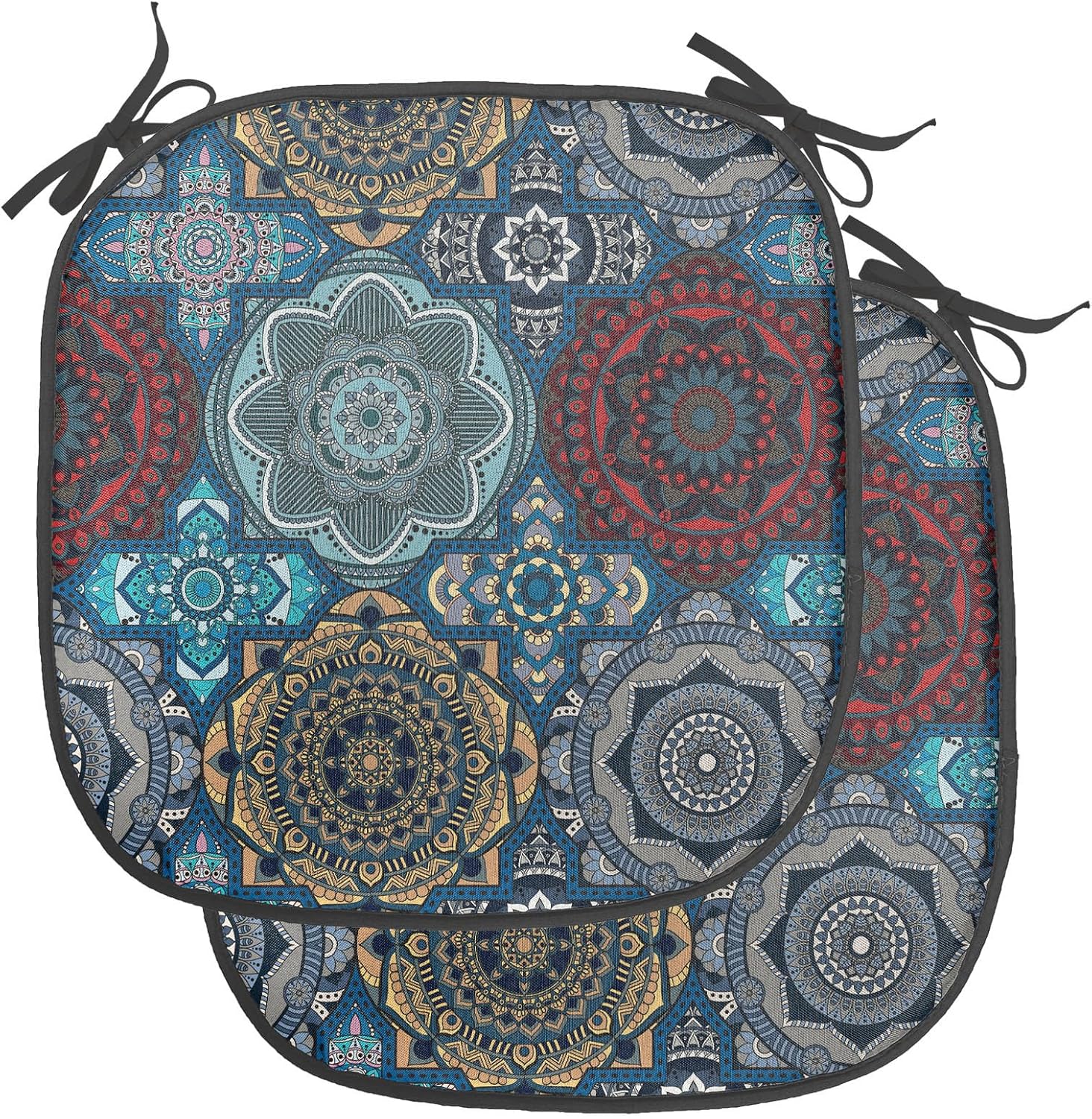 Ambesonne Moroccan Chair Seating Cushion Set of 2, Patchwork Style Vintage Ottoman Inspiration Retro Motifs, Anti-Slip Seat Padding for Kitchen & Patio, 16"x16", Sand Brown Blue and Ruby