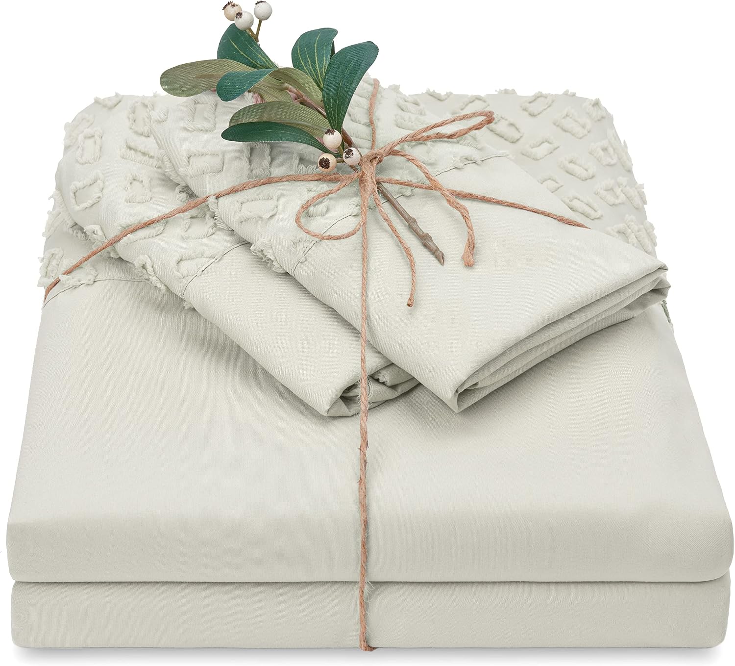 Chanasya Premium Clipped Sheet Set - Tufted Boho Double Brushed Chic Soft Textured Clipped Solid Microfiber Sheet Set - Fitted Sheet, Flat Sheet & 2 Pillow Cover - 4-Piece Set - Sage, Queen Size