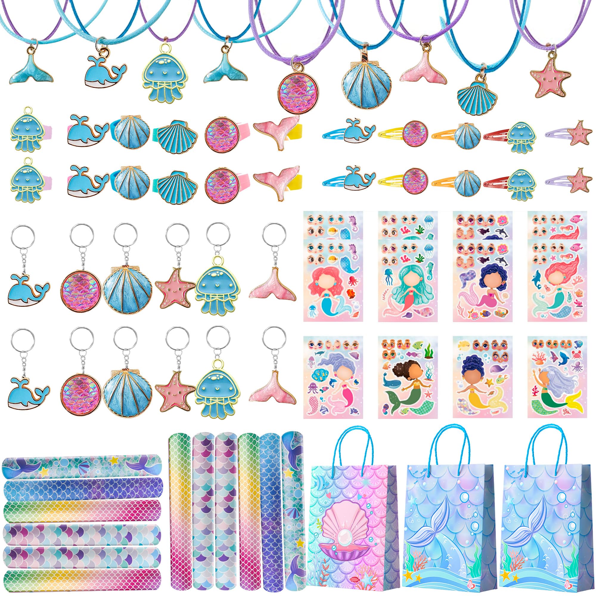 Mermaid Party Favours, 84pcs Mermaid Theme Party Favors Set-Mermaid Loot Bags Hair Clips Stickers Slap Bracelets etc Mermaid Birthday Party Favors for Girls Mermaid Birthday Decorations Supplies