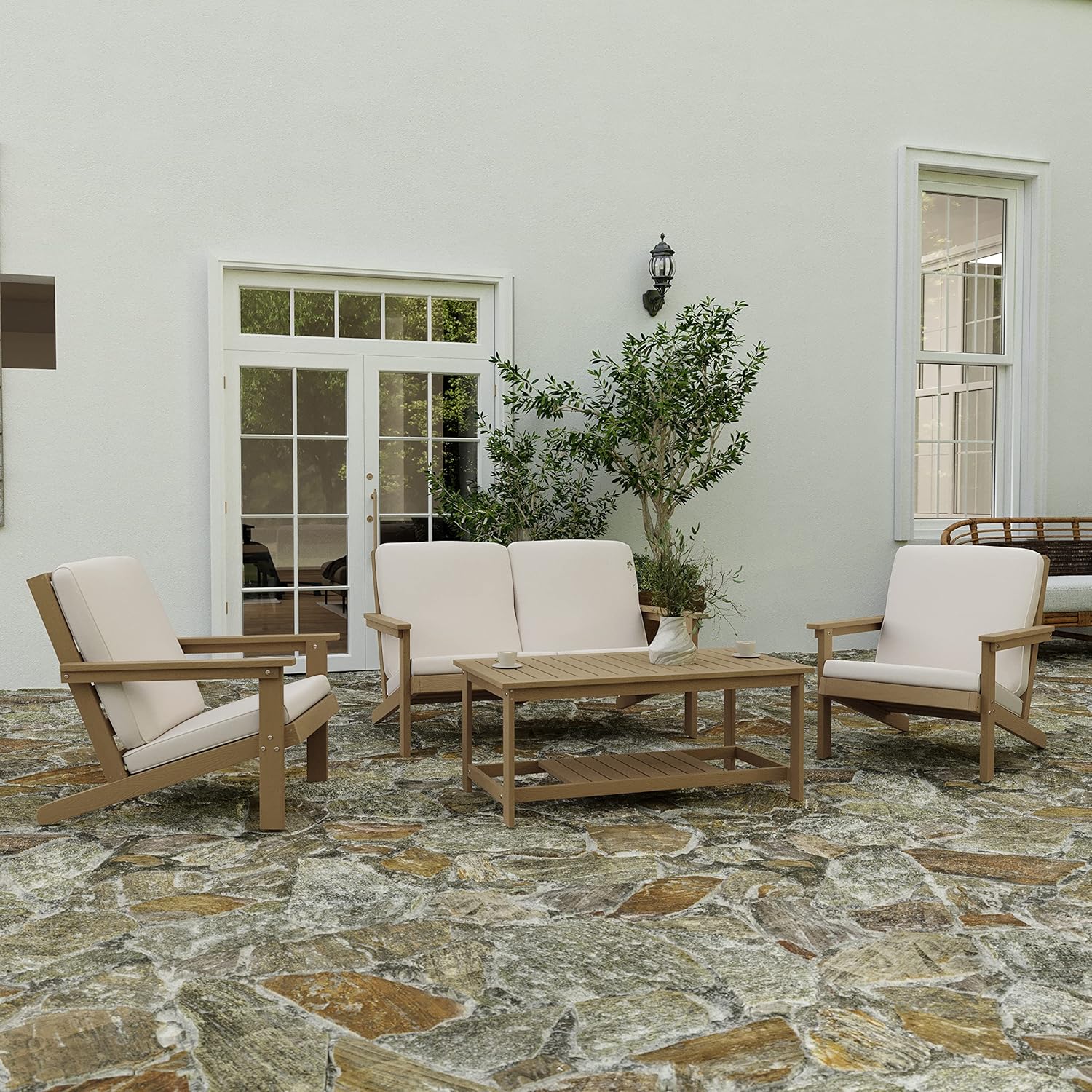 Merrick Lane Riviera Adirondack Style Deep Seat Patio Loveseat with Cushions - Natural Cedar Poly Resin Frame - Cream All-Weather Cushions - Indoor/Outdoor
