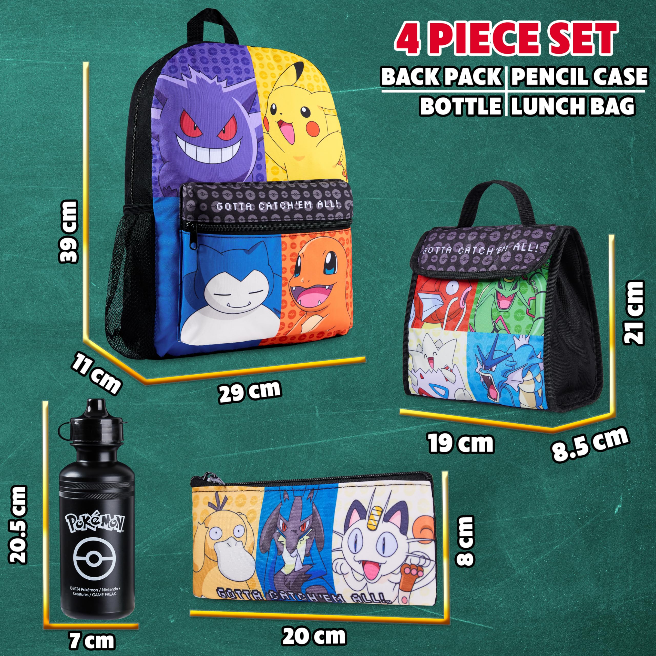 Pokémon Sacs à Dos pour Enfant Set 4 Pc Bouteille d'eau Sac a Dos Trousse Sac à Lunch Isotherme ou Portefeuille Anime Fournitures Scolaires (Multi/Noir Ensemble de 4 Pièces)