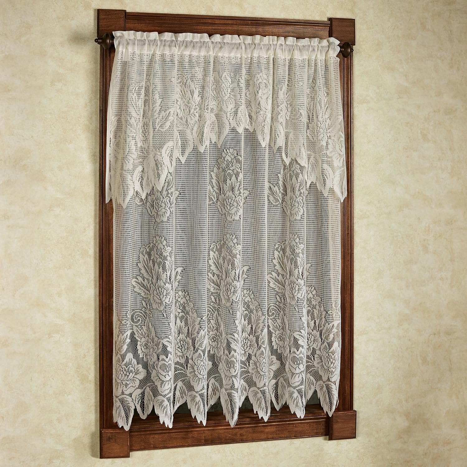 Hallie Lace Window Treatment | Vintage Antique Gold | Cottage Garden Magnolia Flower Lacy Designs with Scalloped Edges | Rod Pocket Drapery | Easy-Style 63L All-In-One Panel with Attached 24L Valance