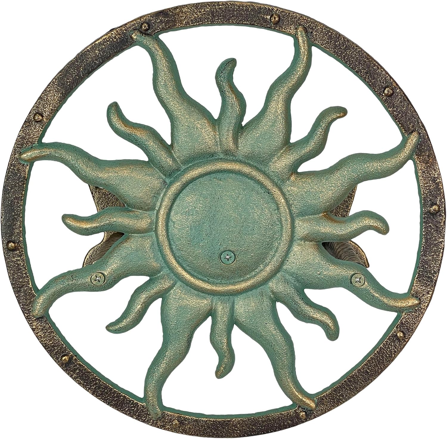 Zeckos Decorative Sun Cast Iron Hose Holder Verdigris & Bronze Finish, 11.5 in Heavy Duty Wall Mount Hose Reel, Outdoor Garden Storage Rack for Patio, Lawn, Yard, Weather Resistant, Hardware Included