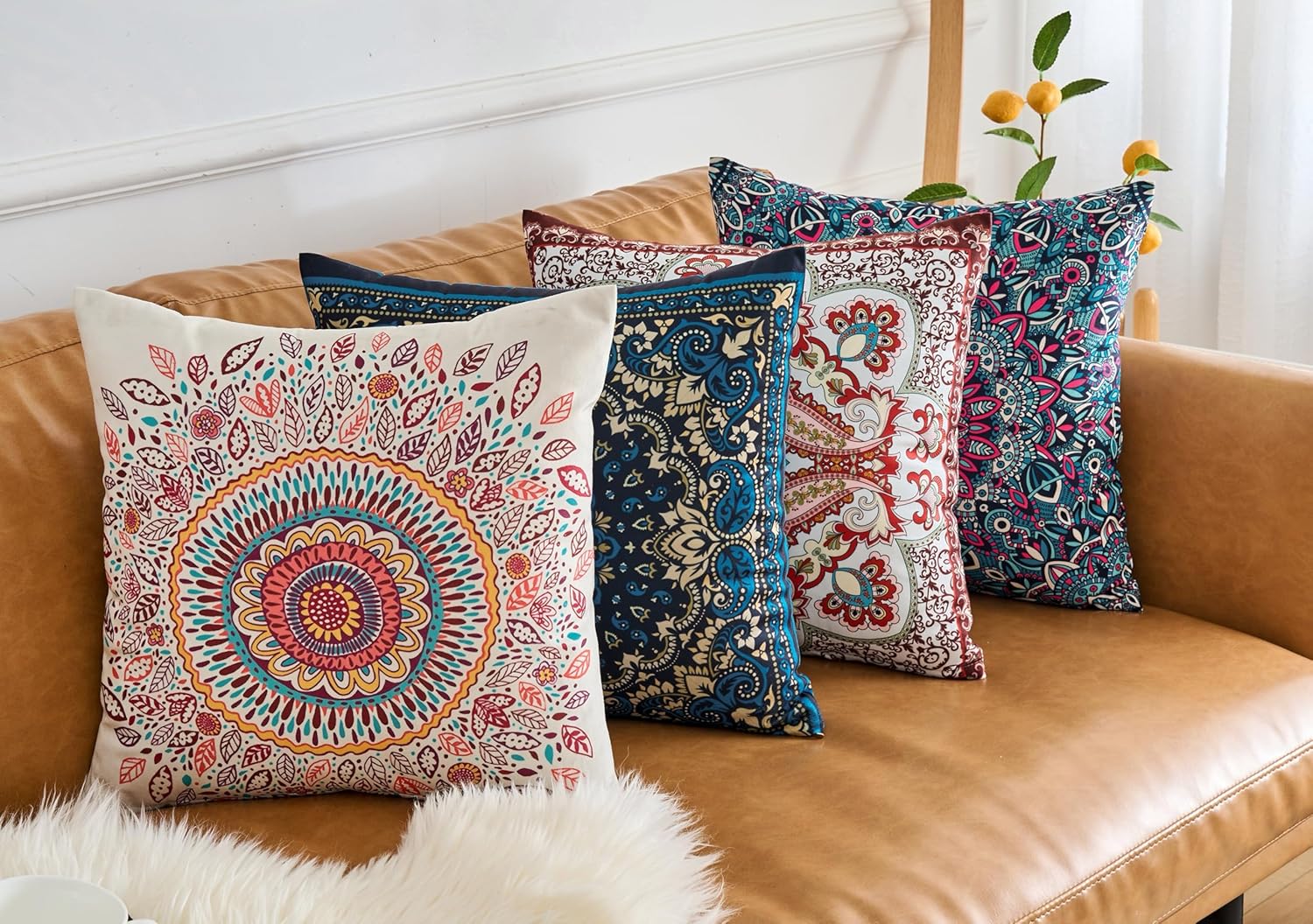 Boho Throw Pillow Covers 18X18 Inch Set of 4 Bohemian Soft Velvet Couch Pillow Cases Farmhouse Decorative Pillow Covers for Sofa Living Room Bedroom Outdoor Patio Porch