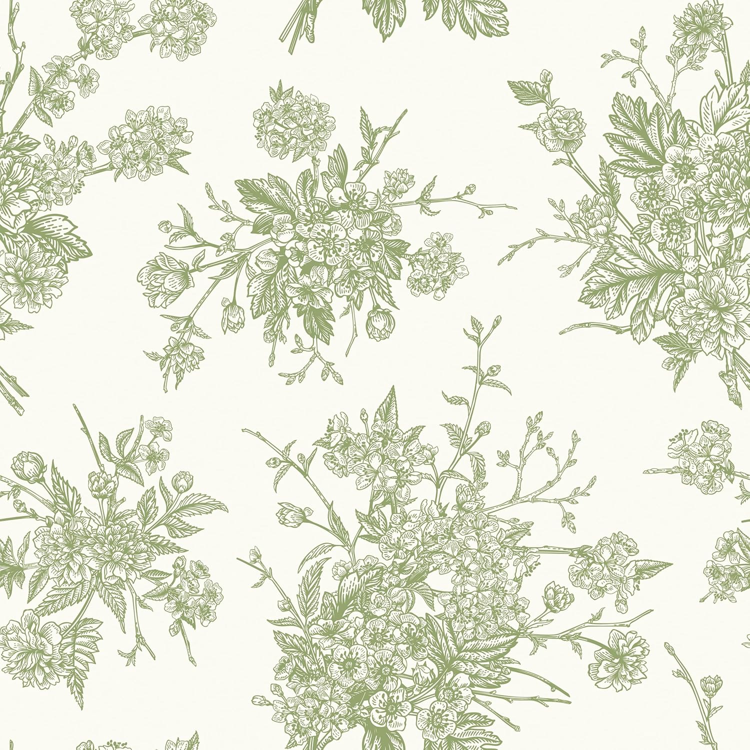 Vintage Sage Green Floral Wallpaper Peel and Stick Cream French Country Floral Contact Paper Removable Neutral Flower Wallpaper for Bedroom Cabinets Shelf Liners Boho Wall Paper 17.5” x 118”