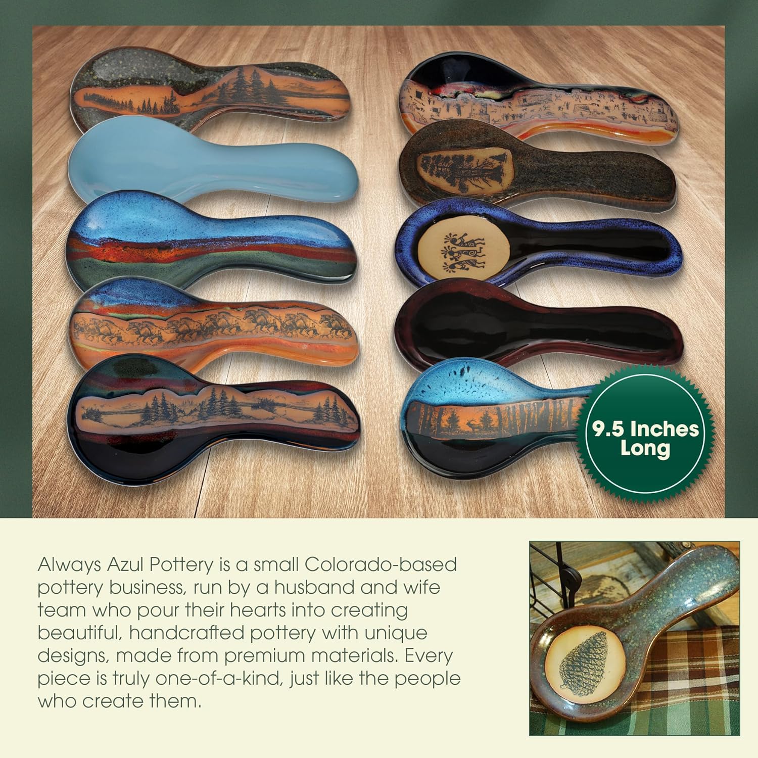 ALWAYS AZUL POTTERY 9.5 Inch Long Spoon Rest in Bear Paw Design and Azulscape Glaze - Handmade Pottery Cookware Accessories - Kitchen Countertop Holder for Giant Spatula, Ladle & More