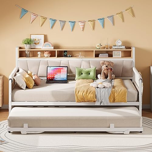 LIKIMIO Daybed with Trundle Bed, Twin Bed Frame with Upholstered Storage Headboard and Charging Station, Sofa Day Bed with Strong Supports for Living Room, Bedroom, and Guest Room, White