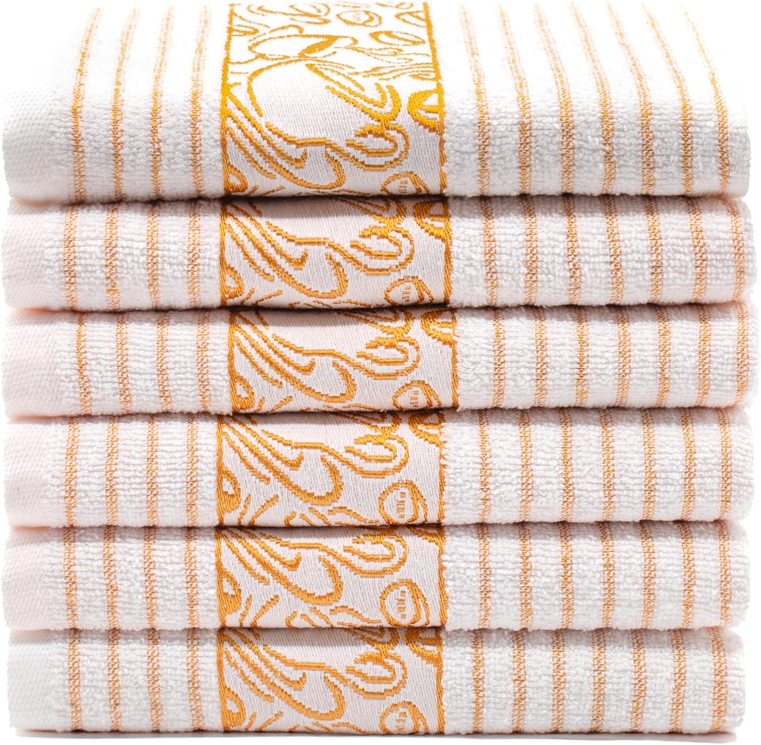 Lavien Home, Cotton Terry Kitchen Towels, 16 x 24 inches, Striped Jacquard, Set of 6 (6, Coffee)