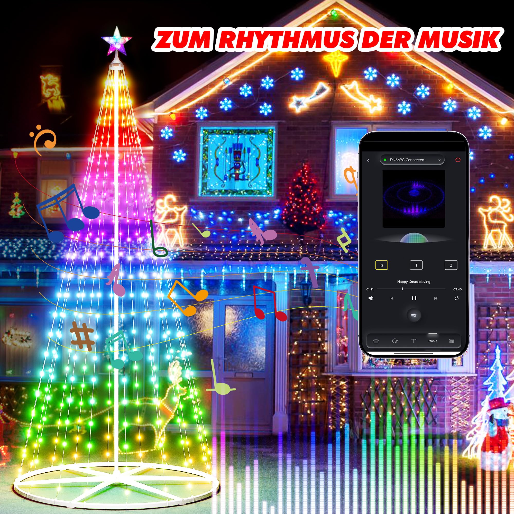 2,3M LED Weihnachtsbaum Außen, Weihnachtsdeko Lichterbaum Outdoor - 378 LEDs mit Stern, App & Fernbedienung, RGB Dimmbar, Timer, IP44 Wasserdicht - für Garten, Rasen, Weihnachten, Neujahr