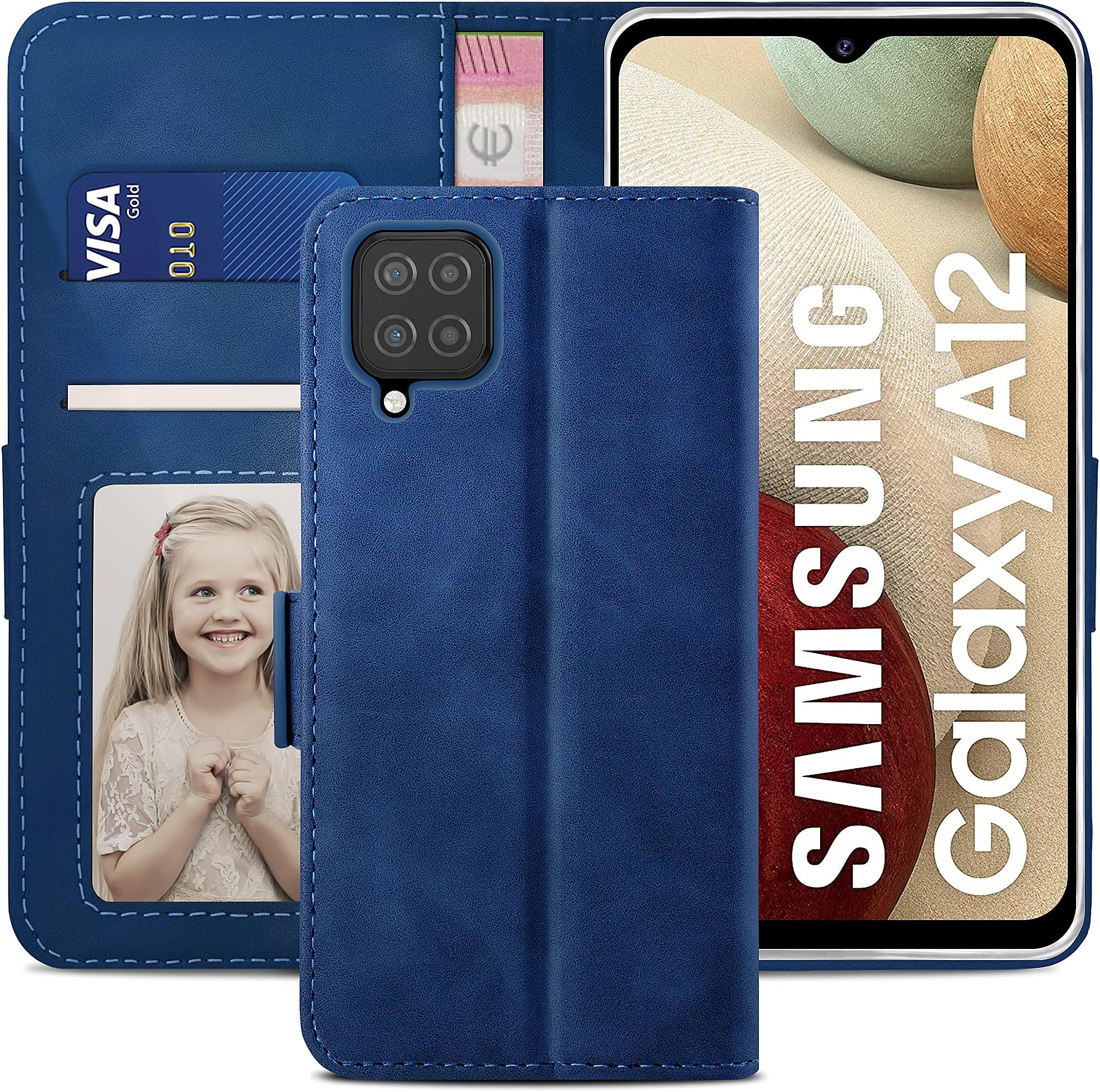 YATWINCompatible with Samsung Galaxy A12 Case, Flip Wallet Leather Case with Tempered Glass Screen Protector and Card Slot Kickstand Phone Cases Cover for Samsung A12/M12 - Blue