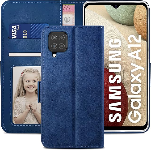 YATWIN Compatible with Samsung A12 Phone Case, Flip Wallet Leather Case with Tempered Glass Screen Protector and Card Slot Kickstand Phone Cases Cover for Samsung Galaxy A12 - Blue
