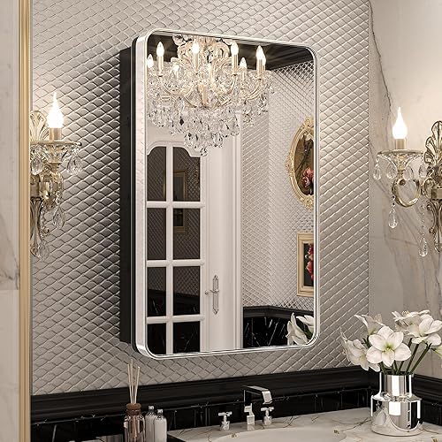 Vista 23 de Keonjinn Espejo de botiquín cromado de 16 x 24 pulgadas, botiquín empotrado para baño, elegante marco de acero inoxidable, estantes ajustables