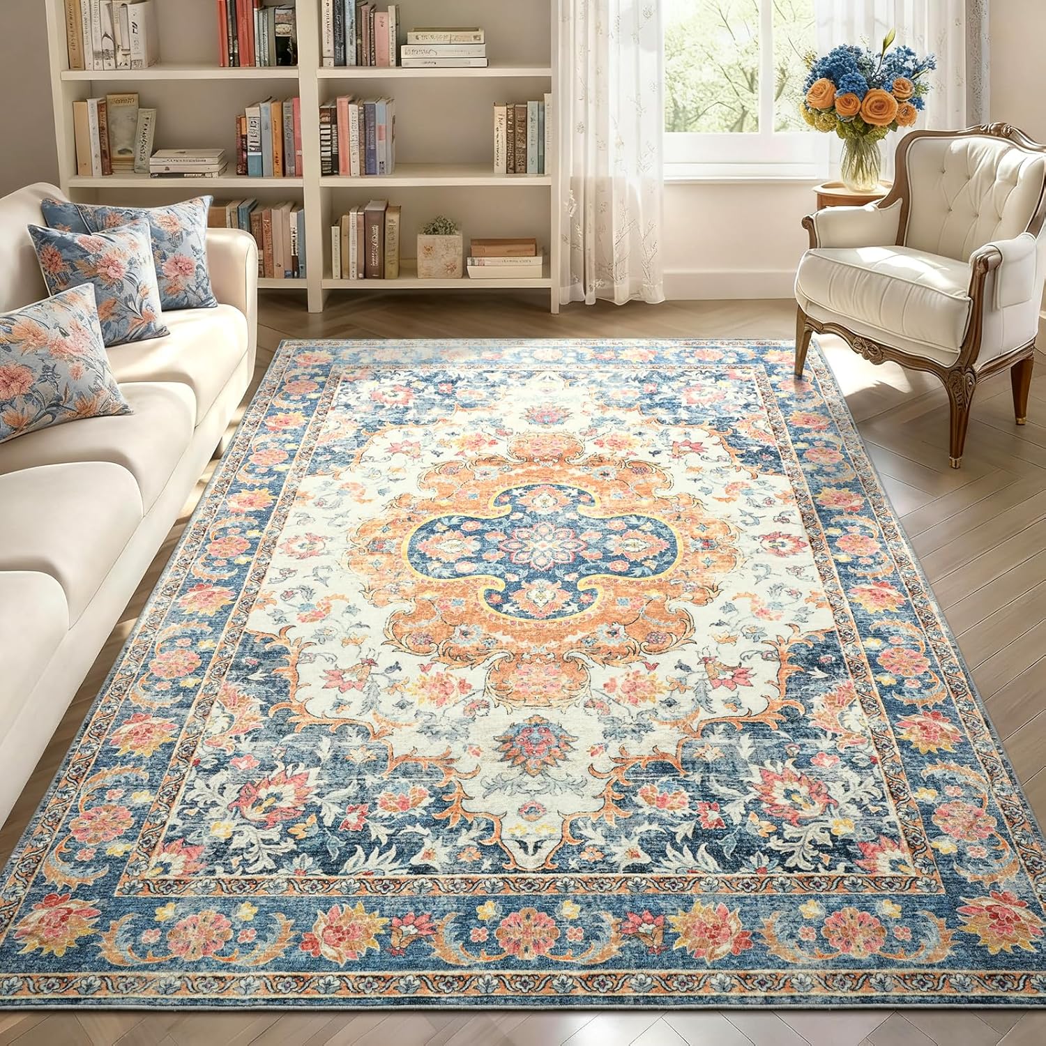 6x9 Area Rug for Living Room, Machine Washable Rugs with Non-Slip Backing for Bedroom, Vintage Throw Rugs Low Pile Carpet for Dining Room Kitchen Office Home Decor, Blue