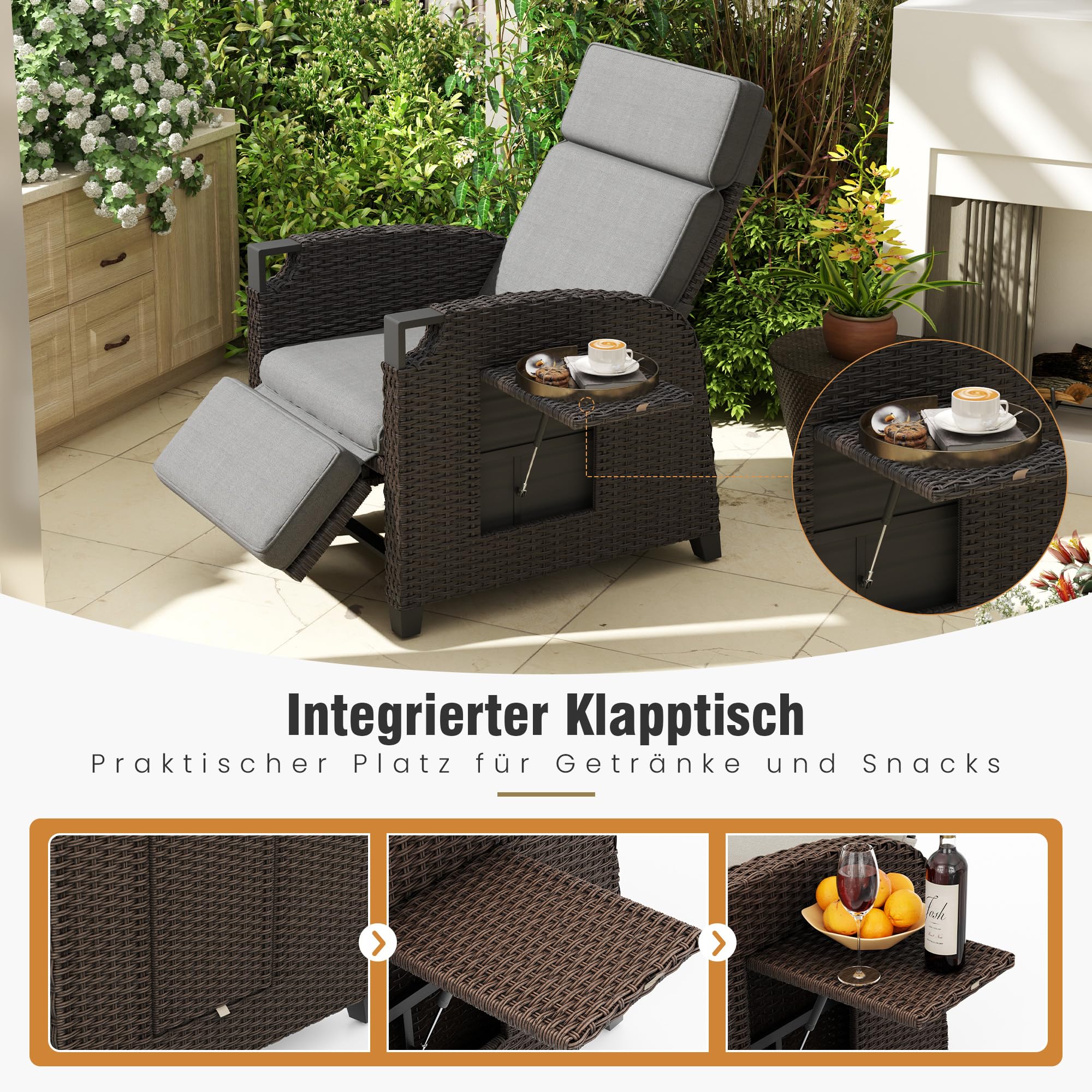 Amopatio Relaxliege Liegesessel, Rattan Sonnenliege mit Verstellbar Rückenlehne und Klapptisch, Outdoor Gartensessel Wetterfestes für Terrasse, Garten, Balkon, Grau & Dunkelbraun