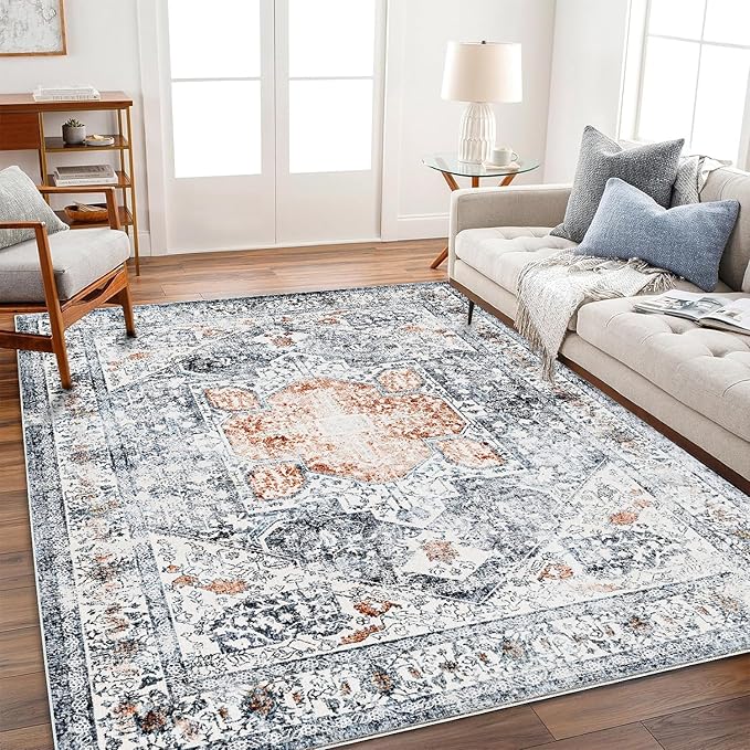 6x9 Washable Thin Foldable Area Rug Gray Vintage Rug Traditional Floor Cover Retro Kitchen Indoor Distressed Non Slip Carpet Floral Print Mat Bedroom Living Room